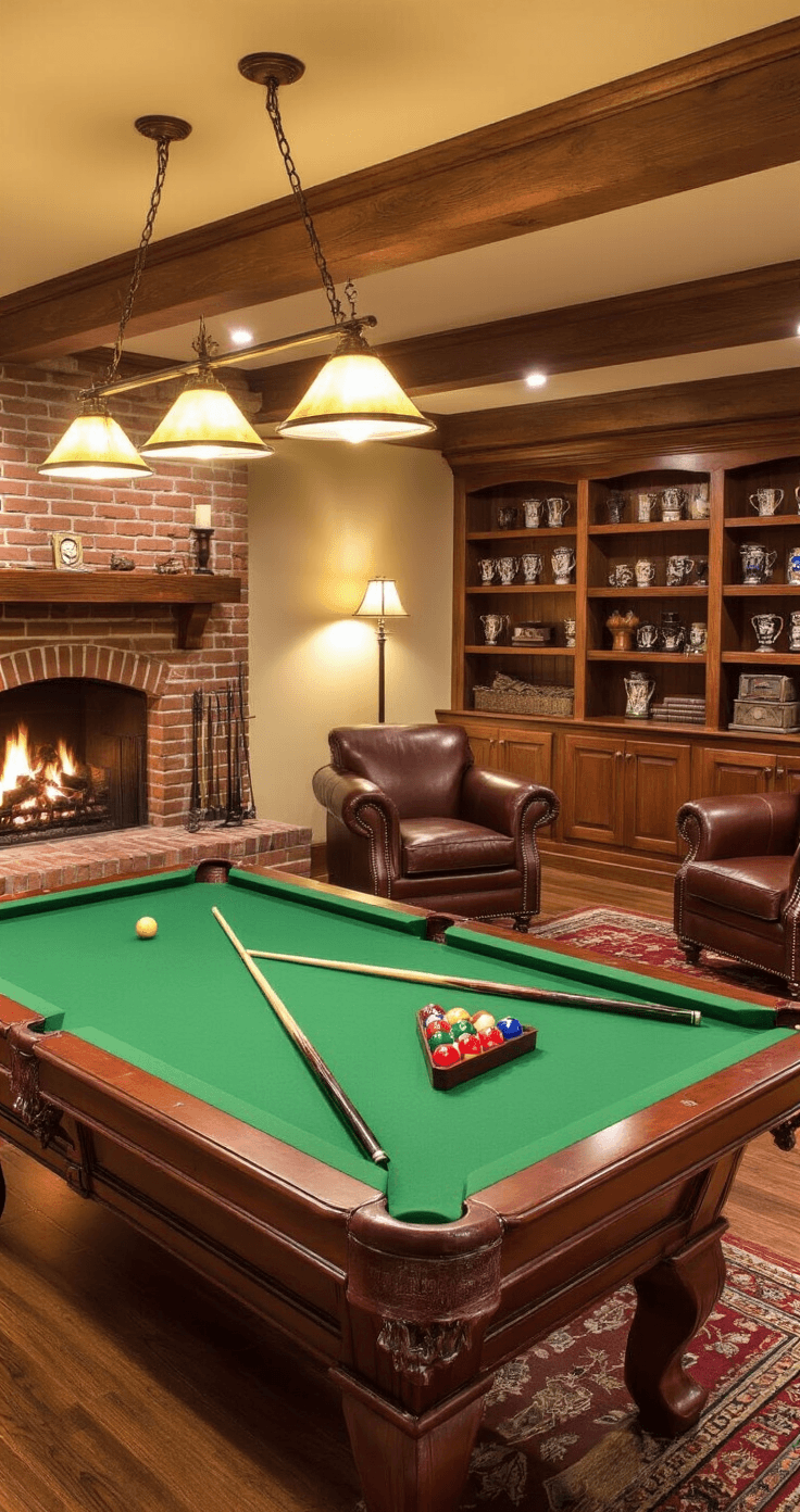 Cozy traditional basement game room with a Brunswick pool table, warm cream brick walls, leather armchairs, and a stone fireplace, illuminated by soft evening light.