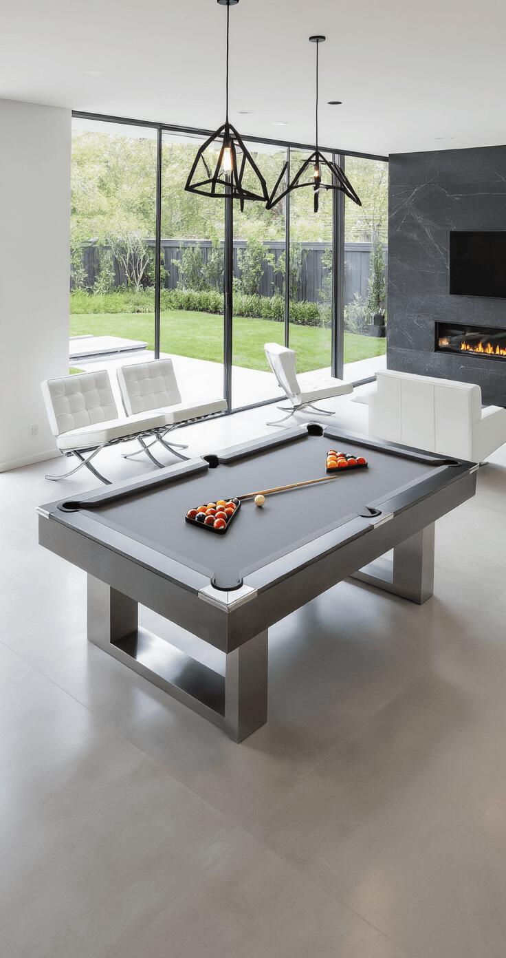 Modern minimalist game room with white walls and polished concrete floors, featuring a slate pool table with a British eight-ball set, floor-to-ceiling glass doors, sleek white leather Barcelona chairs, a linear fireplace, and geometric pendant lights, all bathed in natural light.