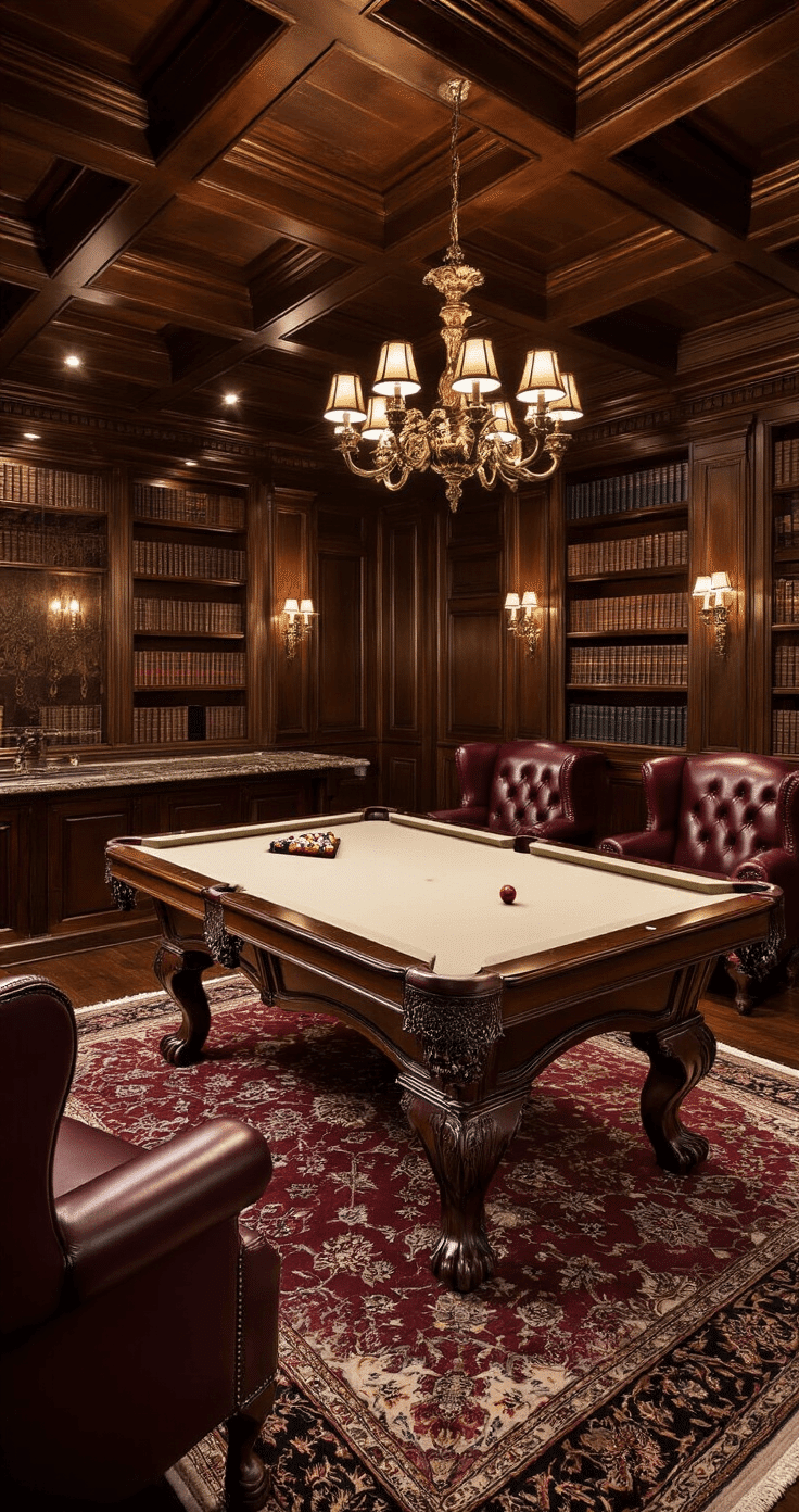An opulent gentlemen's club-style game room featuring an antique pool table, gleaming phenolic resin balls, rich mahogany paneling, deep burgundy leather wingback chairs, and a marble-topped bar, all illuminated by warm brass chandeliers and dramatic evening lighting.