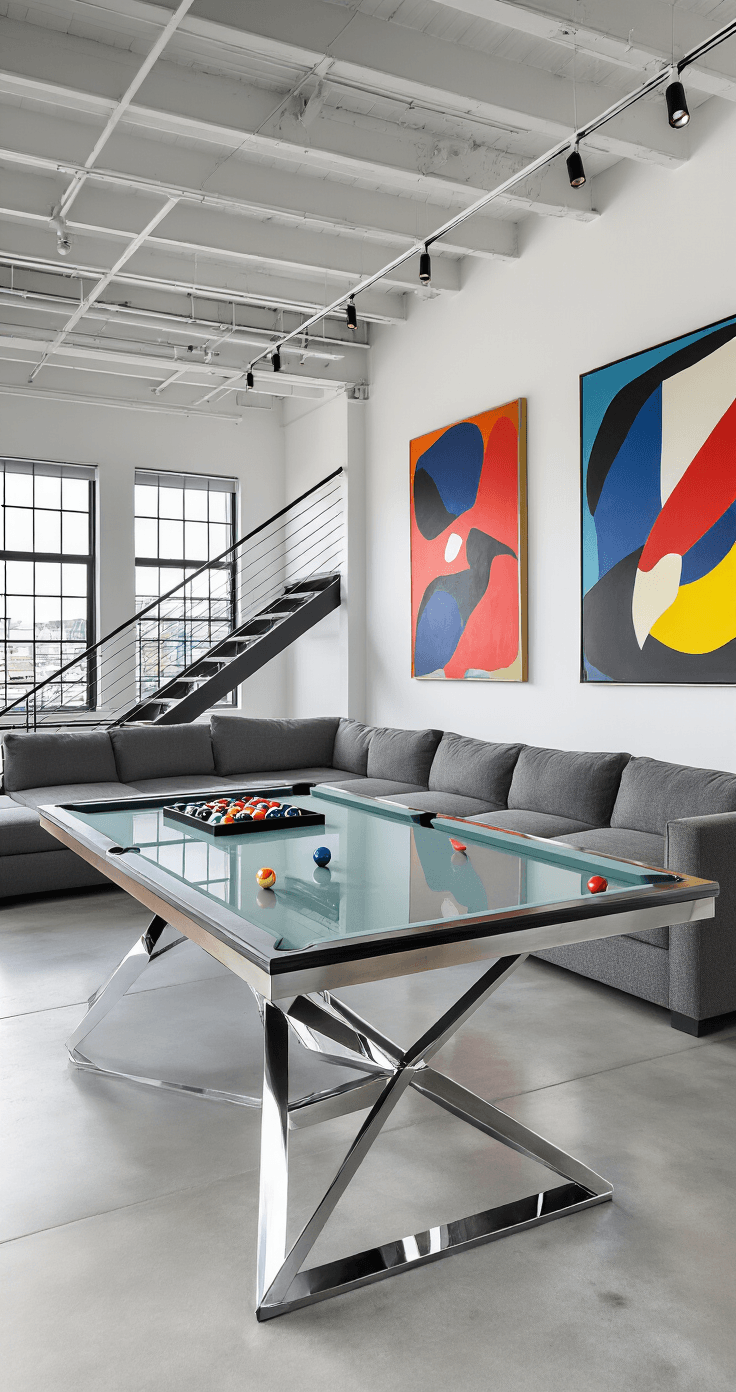 A contemporary loft game room featuring a glass-top pool table with a chrome base, illuminated by soft morning light. The space includes exposed steel beams, polished concrete floors, and oversized factory windows, along with modern gray sectional seating and a walnut console. Track lighting highlights the table, while bold abstract artworks adorn the white walls, and a floating staircase adds architectural interest.