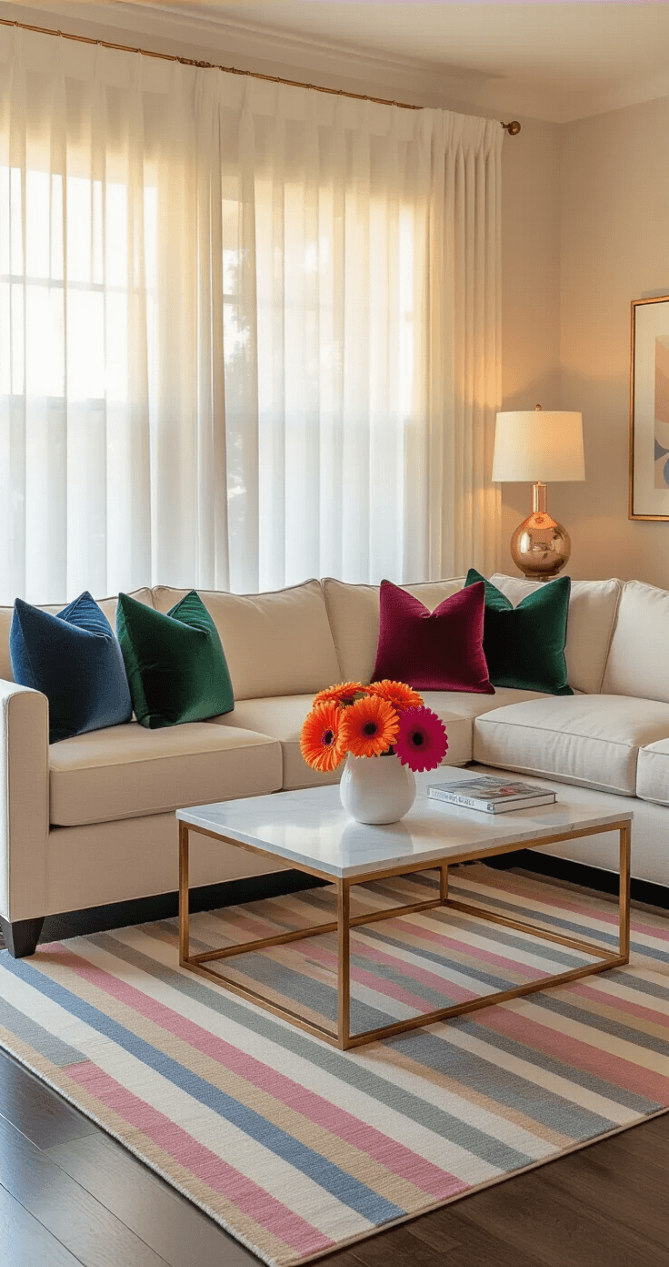 Wide-angle view of a modern living room at golden hour, featuring a cream linen sectional sofa with jewel-tone velvet throw pillows, geometric pastel area rug on dark hardwood floors, rose gold accents, pink ceramic lamps, and fresh gerbera daisies in a white vase, all against white walls with crown molding.