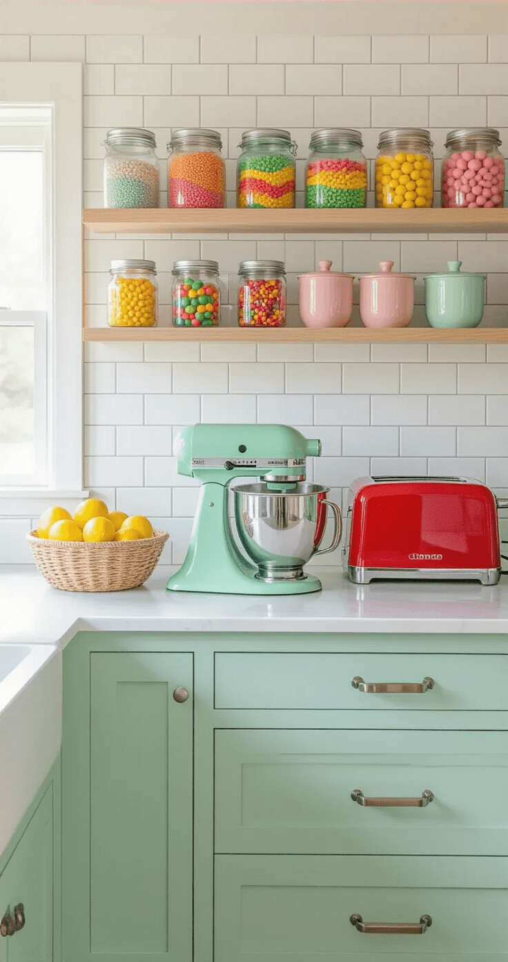 A bright and airy galley-style kitchen with white subway tile and mint green grout, featuring open shelves with colorful glass jars, a mint green stand mixer, a red toaster, and organized blush pink ceramic canisters, all illuminated by morning light.
