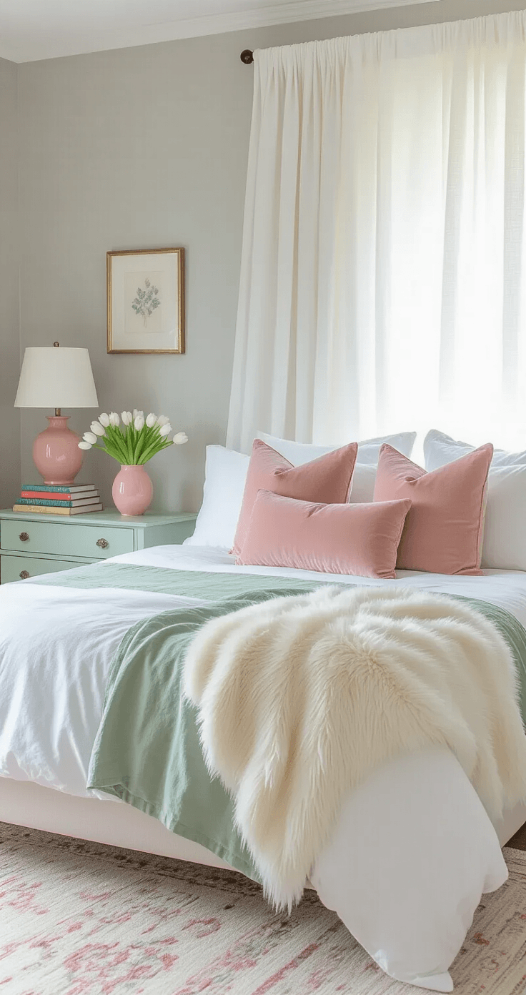 A serene bedroom with a queen-size bed dressed in white sheets and a sage green duvet, featuring blush pink pillows and a cream faux fur blanket. A mint green vintage dresser displays colorful books, coral table lamps illuminate the space, and white tulips in a pink vase add freshness, all captured in soft afternoon light.