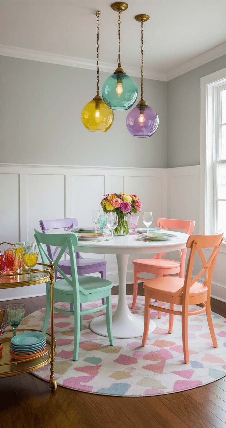 Transform Your Living Space Into a Real-Life Candy Land: Sweet Home Decor Ideas That Actually Work A cozy dining area with a white round pedestal table and mismatched pastel chairs in mint, coral, lavender, and butter yellow, illuminated by colorful glass pendant lights, complemented by a vintage brass bar cart and geometric rug, set against soft gray walls and white wainscoting.