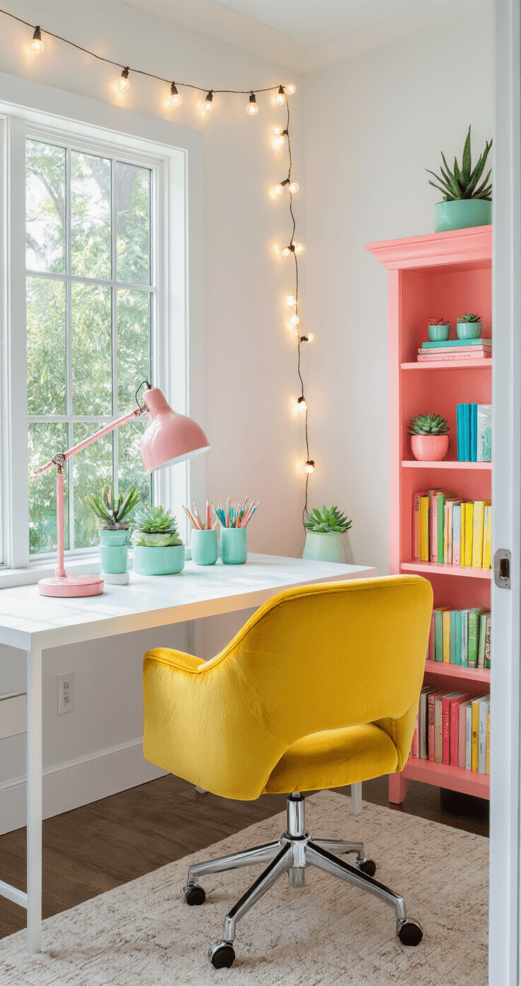 Bright morning light streams into a compact home office featuring a white lacquer desk with a blush pink lamp and mint green pencil holders, a coral-painted vintage bookshelf organized by color, a plush yellow velvet chair, small succulents in vibrant pots, and string lights framing the window, all creating a candy-inspired, functional workspace.