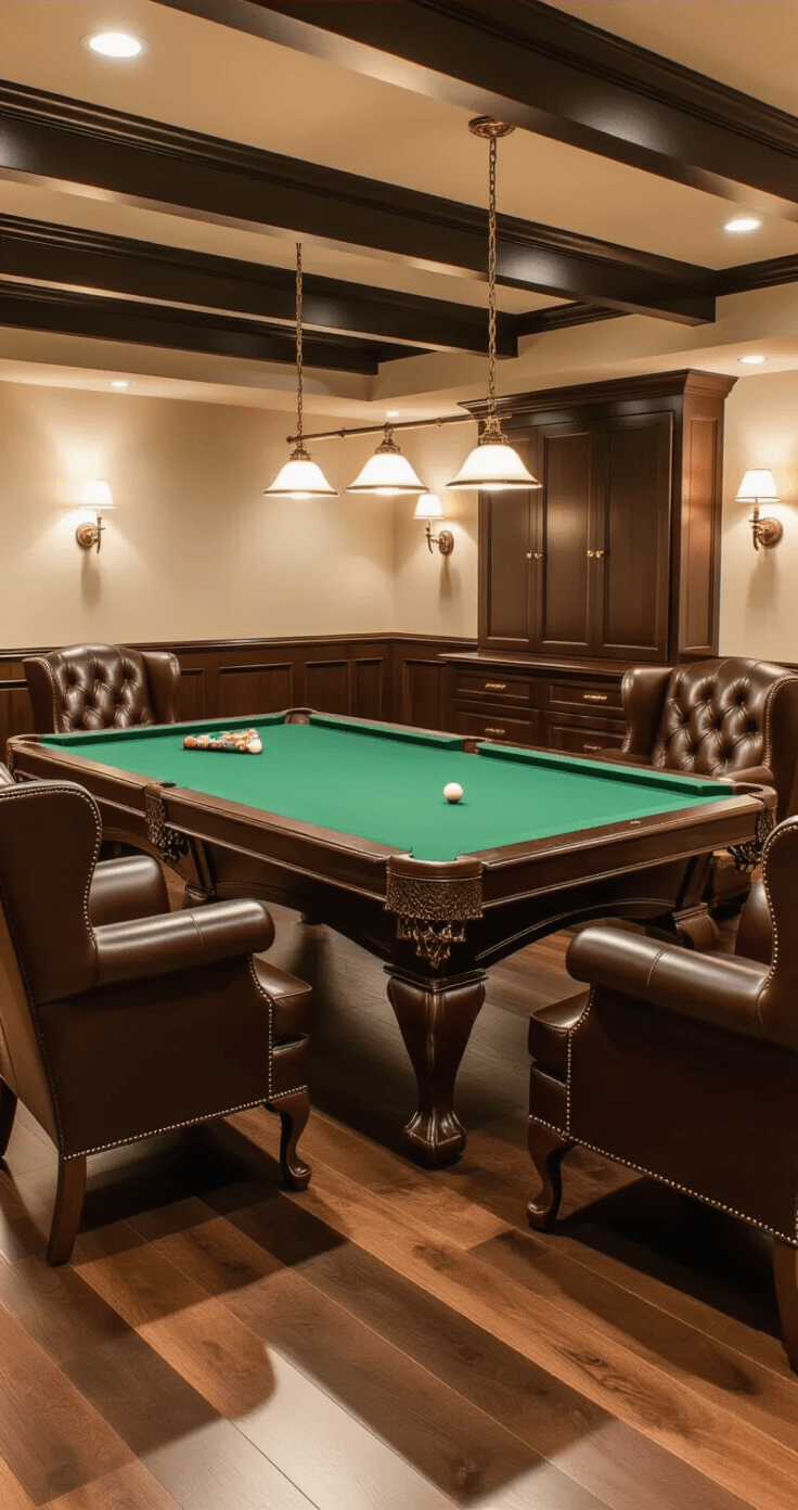 A luxurious classic basement pool room featuring a rich mahogany pool table with green felt, surrounded by deep chocolate leather wingback chairs and built-in mahogany cabinets, illuminated by warm brass pendant lights and recessed ambient lighting, all set against dark walnut luxury vinyl plank flooring.
