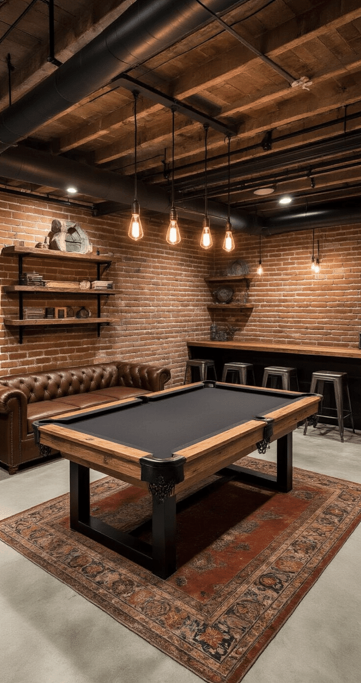 Professional interior photography of an industrial-style basement pool room featuring exposed brick walls, raw concrete elements, a reclaimed wood pool table, Edison bulb lighting, weathered leather furniture, and polished concrete floors, all illuminated by warm golden hour light.