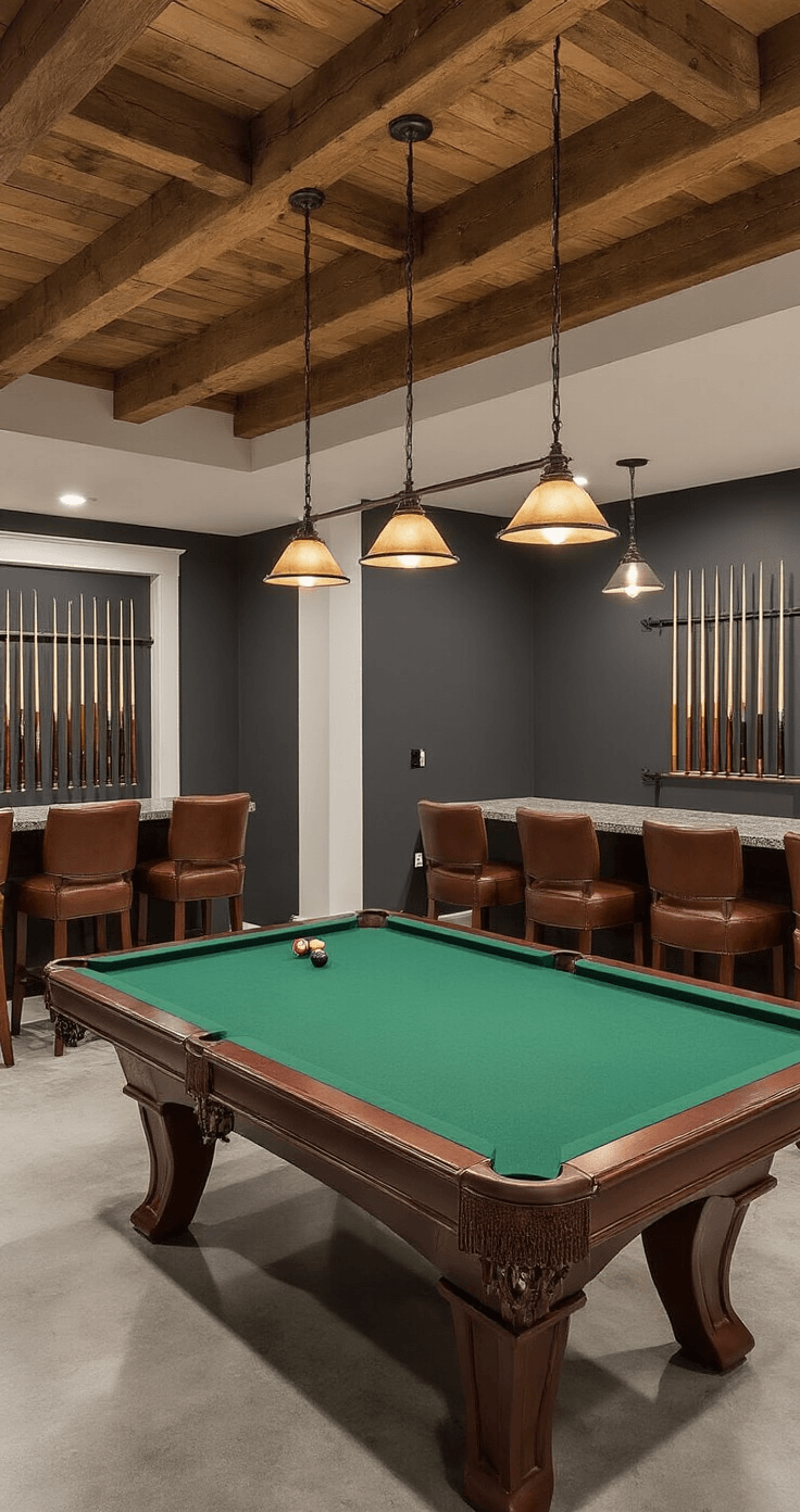 Photorealistic interior of a spacious basement game room featuring a 9-foot pool table, hardwood ceilings, polished concrete floors, charcoal gray walls, and a built-in bar with granite countertop, illuminated by pendant and track lighting for an inviting evening ambiance.