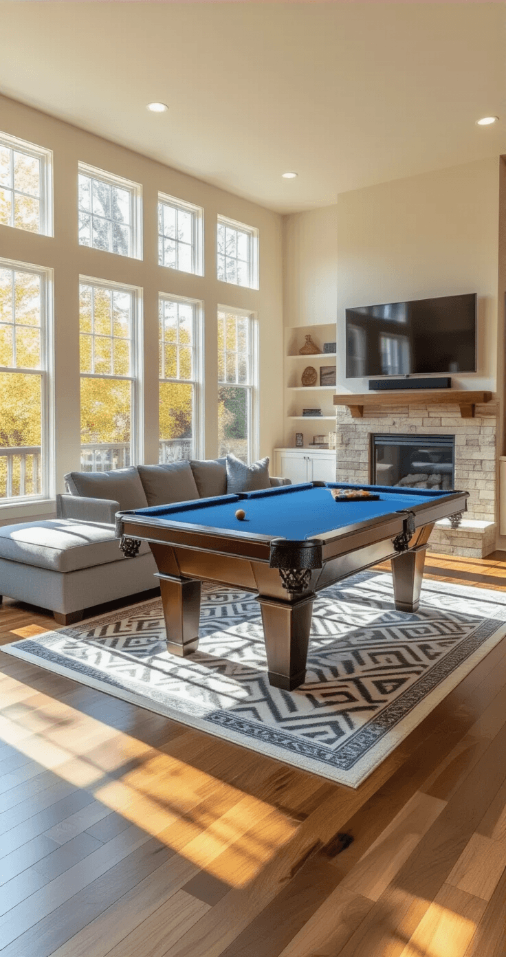 Contemporary living room with hardwood flooring, featuring a midnight blue pool table near large windows, cream walls, gray sectional sofa, wall-mounted TV above a stone fireplace, and a geometric area rug. Natural sunlight floods the space, enhancing the ambiance.