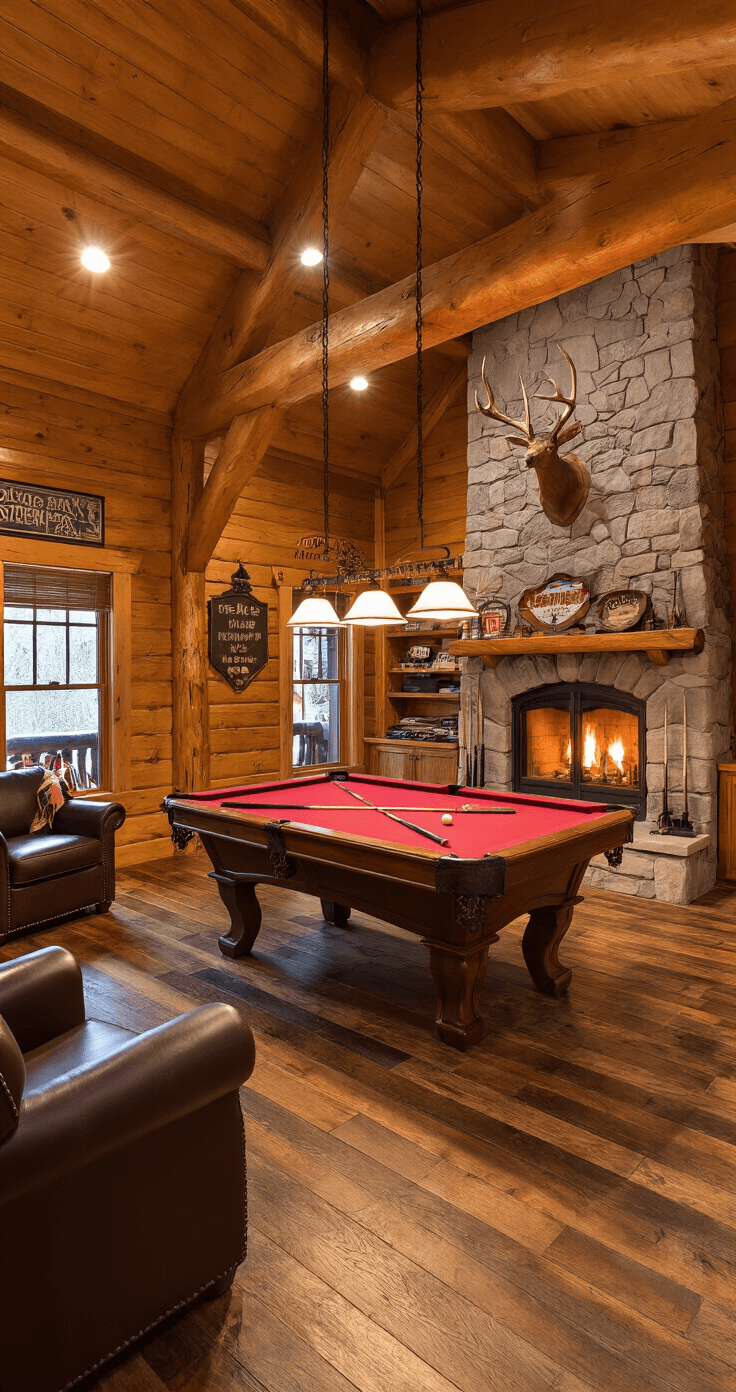 Rustic cabin-style game room featuring knotty pine walls, exposed log beams, and a 7-foot burgundy felt pool table, with a cozy ambiance created by a stone fireplace, mounted deer antlers, vintage beer signs, and warm pendant lighting. Brown leather armchairs with Native American wool throws complete the inviting atmosphere.