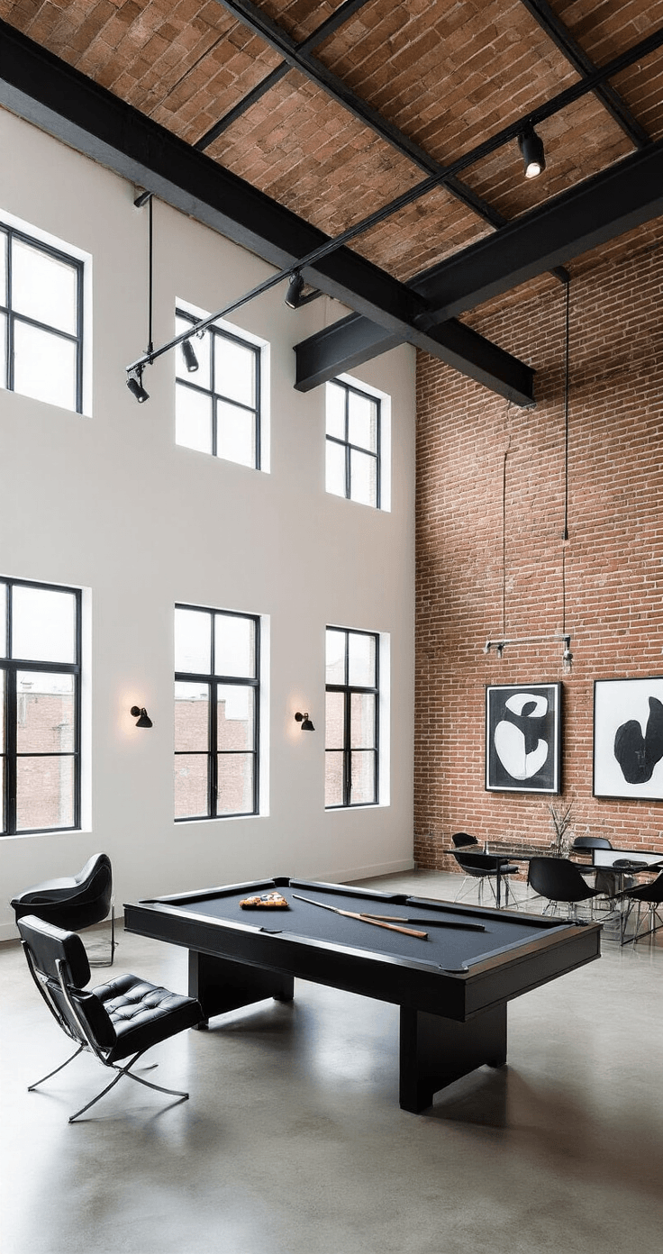 Modern industrial loft with polished concrete floors, exposed brick wall, sleek pool table, high ceilings, large windows, minimalist furniture, and contemporary art pieces.