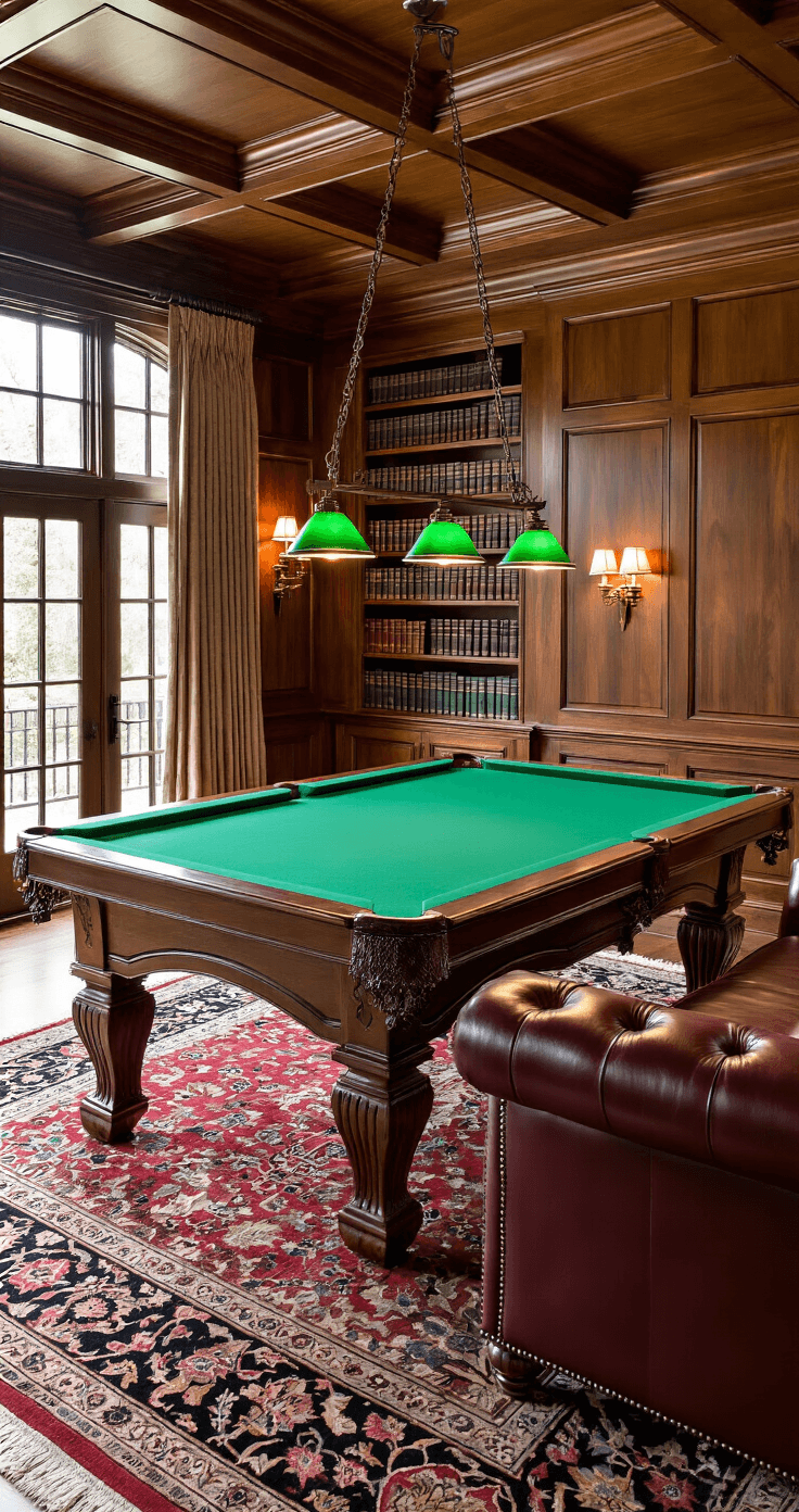 A luxurious traditional den featuring dark walnut wood paneling, a coffered ceiling, and a classic 9-foot pool table with emerald green felt. The room is adorned with Persian rugs over hardwood floors, built-in bookcases filled with leather-bound books, and a deep burgundy Chesterfield sofa. Illuminated by traditional banker's lamps with green glass shades, the space has crown molding and chair rail details in crisp white, all under warm late afternoon light streaming through tall windows with heavy drapes.