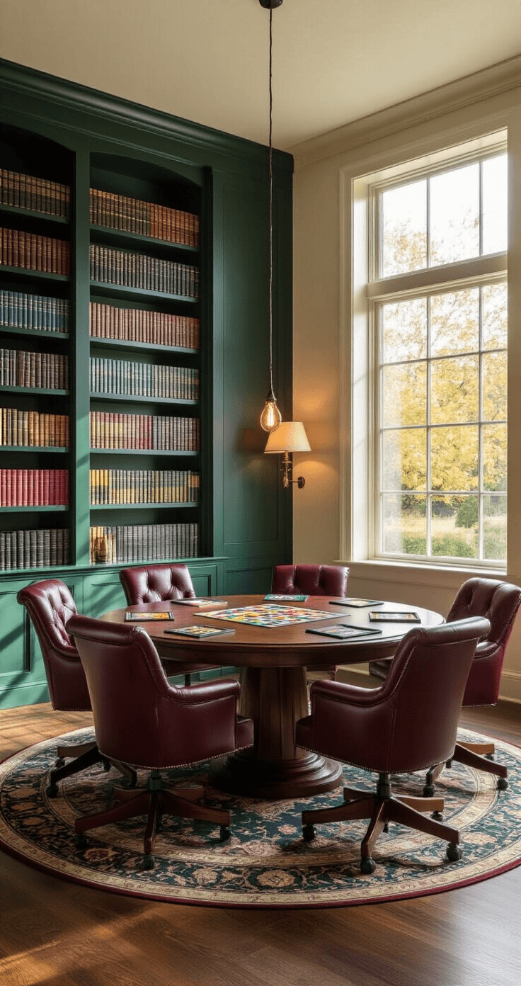 A spacious board game room featuring a large round dark walnut gaming table surrounded by plush burgundy leather chairs, illuminated by mid-afternoon light streaming through large windows, with a rich emerald green accent wall and organized board game boxes on shelves.
