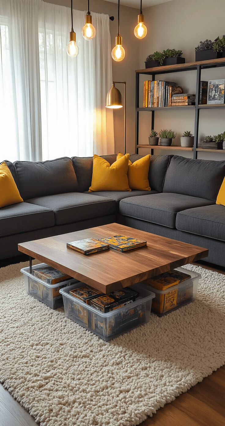 Cozy gaming zone with charcoal gray L-shaped sofa, live-edge walnut coffee table, warm ambient lighting, board games in acrylic containers on black metal shelves, mustard yellow and forest green throw pillows, cream shag rug, sheer white curtains, and small succulent plants.