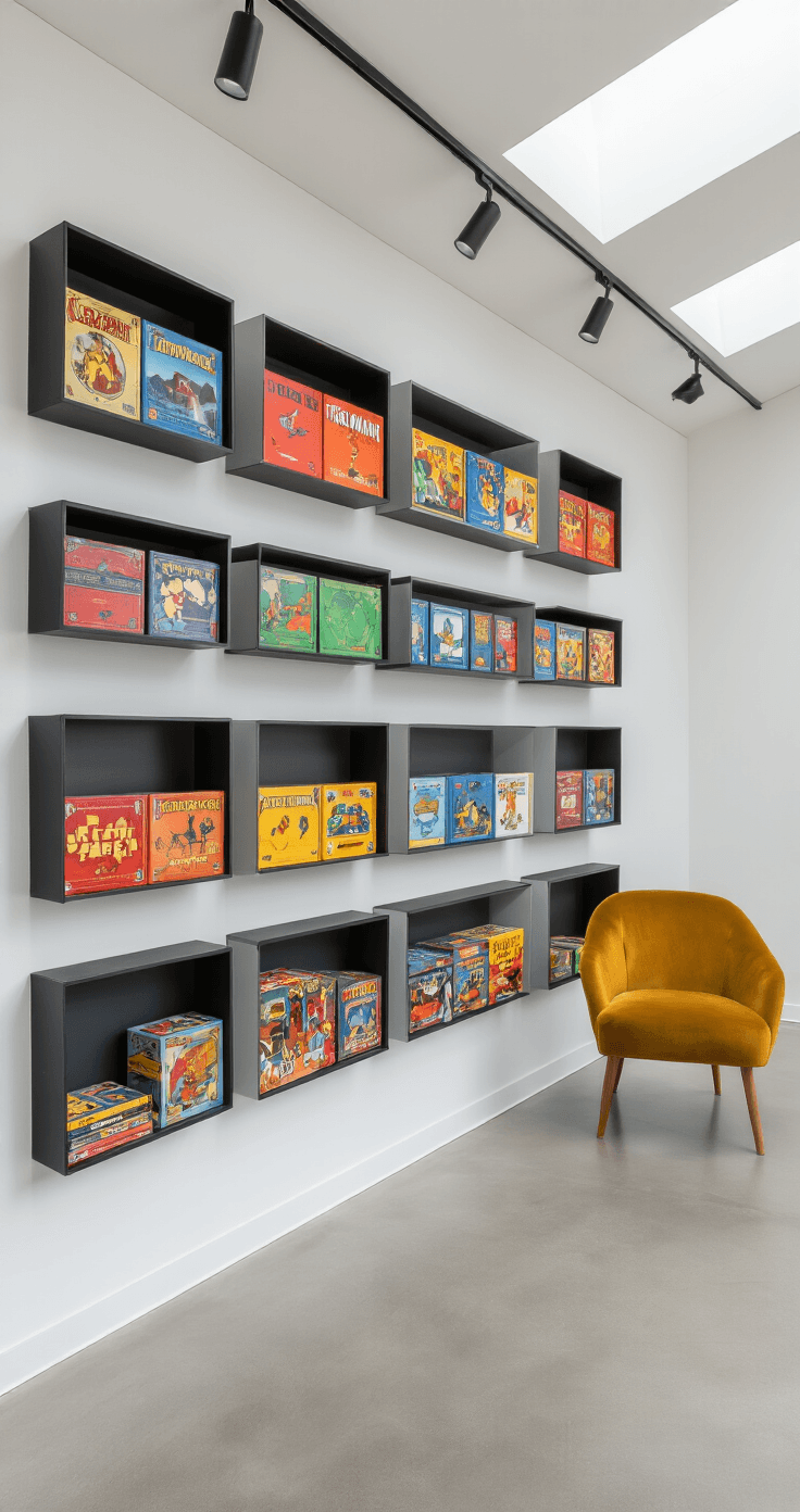 Photorealistic board game display room with matte black floating shelves showcasing colorful game boxes arranged by color, vintage game components in shadow boxes, daylight from skylights, minimalist aesthetic, gallery-style lighting, polished light gray concrete floors, and a mustard velvet accent chair.
