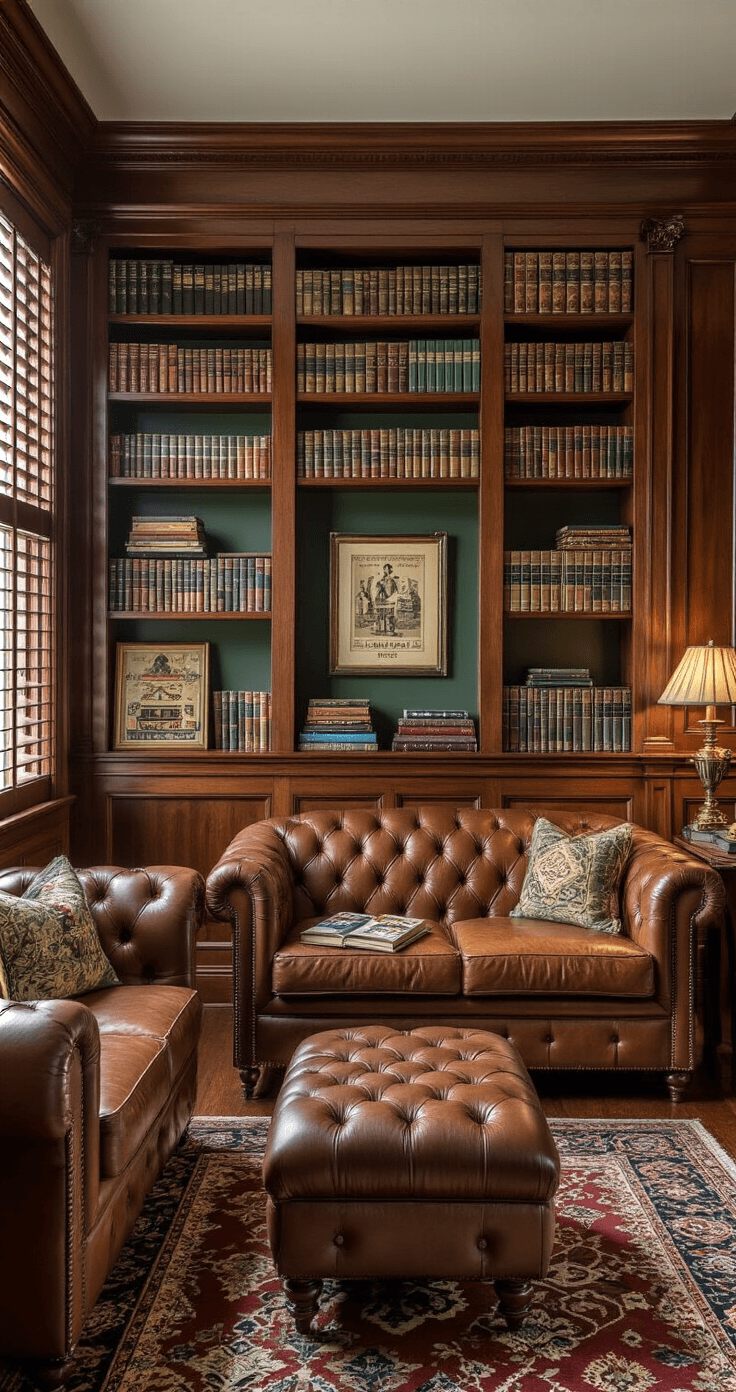 Photorealistic board game room with mahogany shelving filled with games, a cognac leather Chesterfield sofa, tufted ottoman, warm afternoon light through shutters, deep hunter green walls, antique brass lamp, jewel-toned Persian runner on hardwood floors, and vintage game advertisements in a gentlemen's club ambiance.