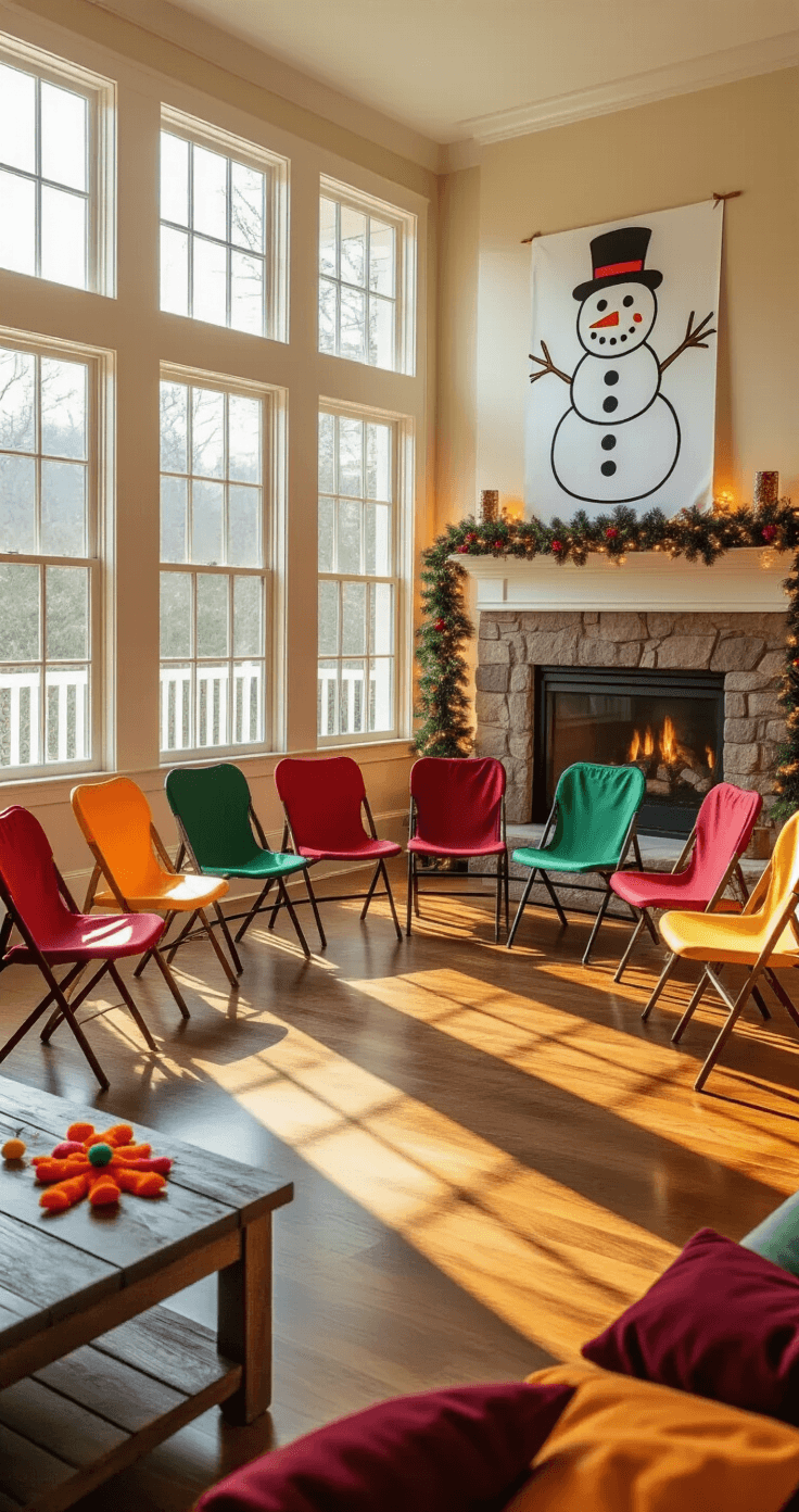 A festive living room at child's eye level, filled with colorful folding chairs, holiday pillows, a hand-drawn snowman poster, twinkling string lights, and wrapped presents, all illuminated by warm afternoon light.