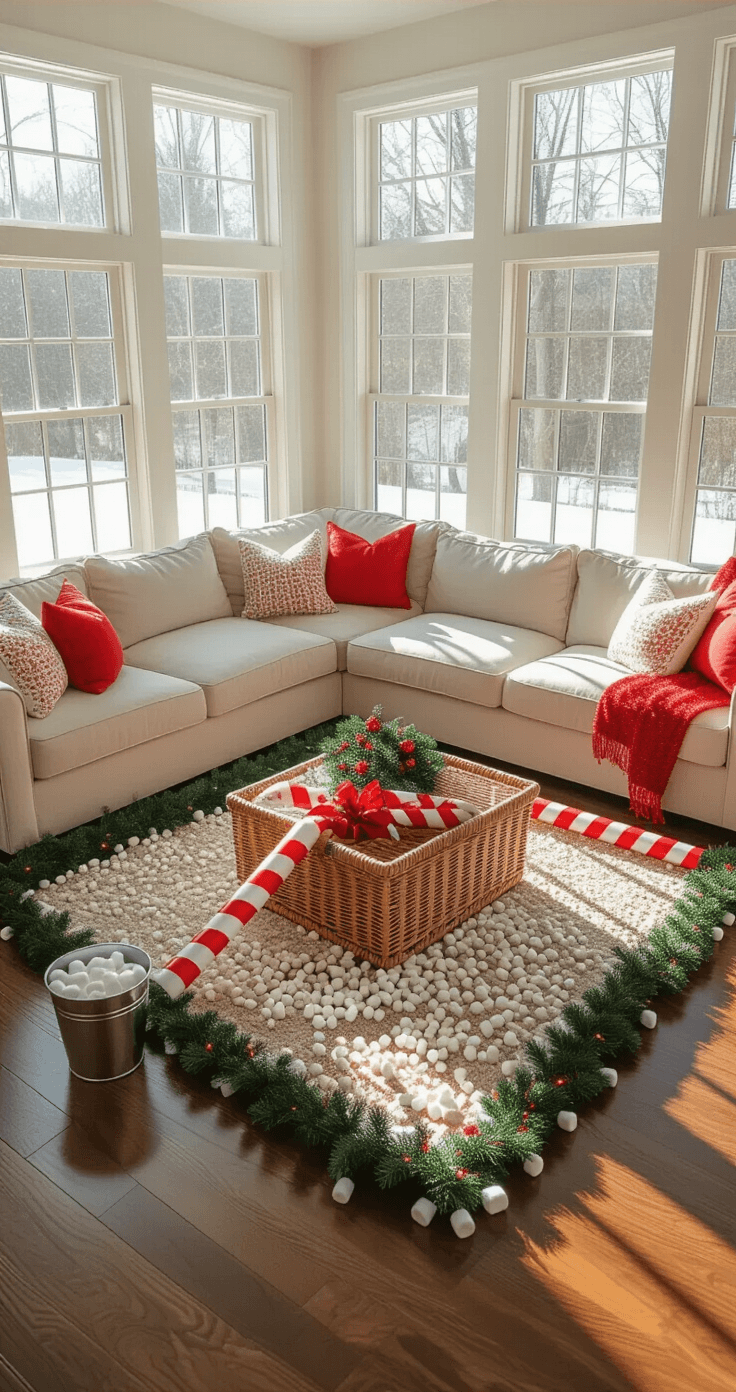 A lively open-concept family room filled with a colorful Christmas obstacle course, featuring a crawling station made of a coffee table draped in evergreen garland, a wicker basket as a chimney target, striped pool noodles for a slalom, and scattered mini marshmallows, all under bright natural light.