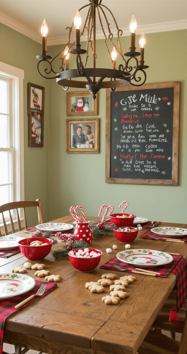 A warm, inviting dining room with a rustic chandelier, featuring a farmhouse oak table set with festive red bowls of Christmas treats, child-friendly chopsticks, and holiday-themed plates, surrounded by sage green walls adorned with family photos and a chalkboard of game rules, all illuminated by soft string lights and framed by fresh pine garland.
