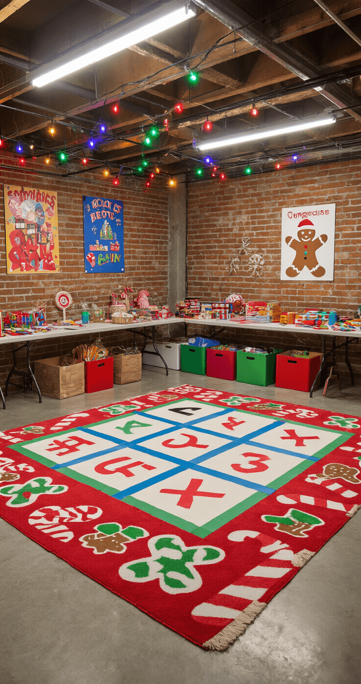 A vibrant basement playroom filled with holiday decor, featuring a large tic-tac-toe grid, colorful craft supplies, and festive seating, all illuminated by bright fluorescent and LED lights, capturing the joyful energy of children's games.