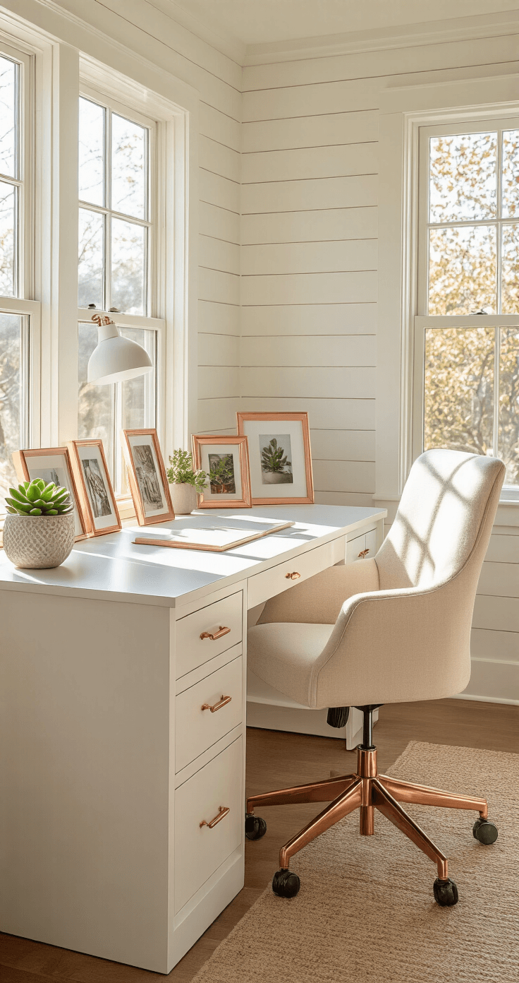 A cozy photorealistic home office with white shiplap walls and honey oak flooring, featuring a sleek white desk adorned with family photos, a ceramic succulent planter, and blush pink stationery. A cream linen ergonomic chair faces the desk, bathed in warm golden hour light from a west-facing window.