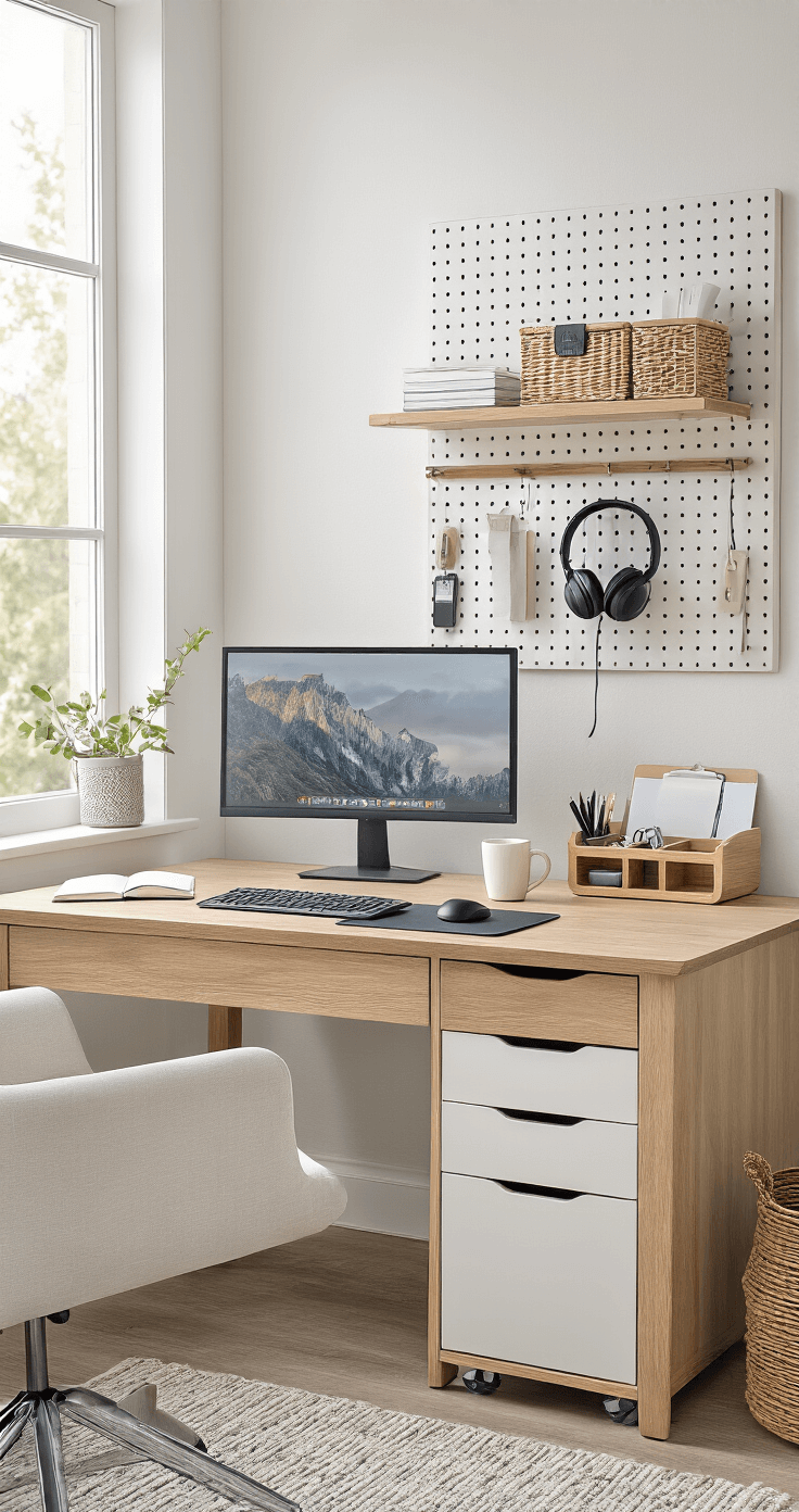 Photorealistic home office featuring a medium oak desk with organizational zones, large window lighting, modern monitor setup, polished wood workspace with a notebook and coffee mug, bamboo desk organizer, wall-mounted pegboard, and a two-drawer filing cart, all in warm oak tones and white walls.