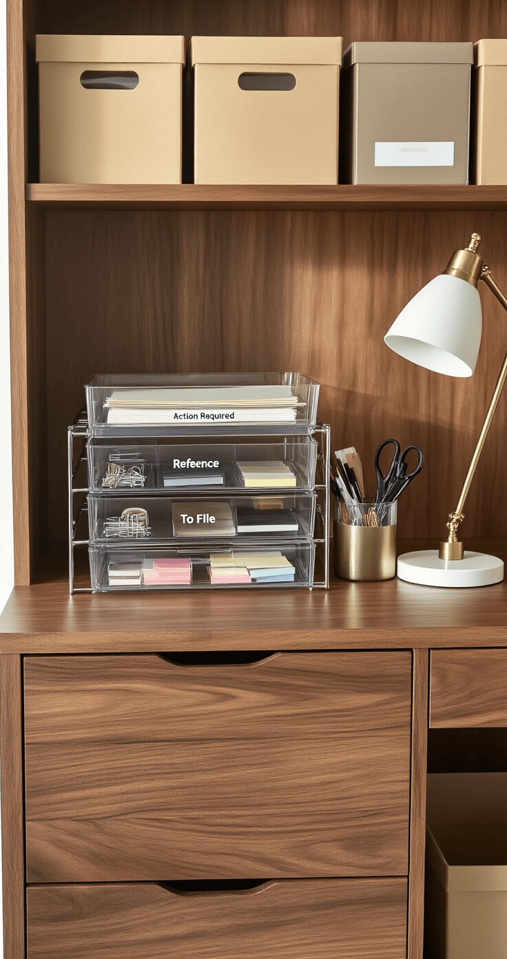 Contemporary home office filing station featuring a rich walnut desktop with acrylic letter trays and a brushed steel caddy, illuminated by golden hour light, with a background of built-in walnut shelving and filtered sunlight creating soft shadows.