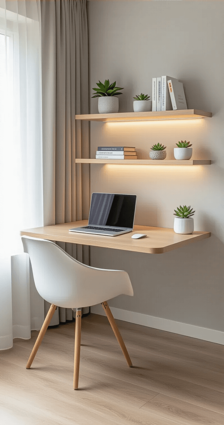 Professional floating corner desk in a modern bedroom with light oak surface, soft afternoon light, minimalist setup, and Scandinavian-inspired decor.