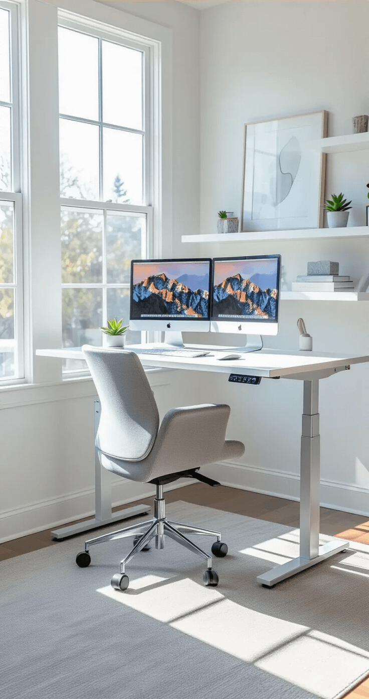 Modern standing desk in a bright corner workspace with dual monitors, sleek chrome legs, and a contemporary task chair, featuring minimalist decor and natural light flooding in from large windows.