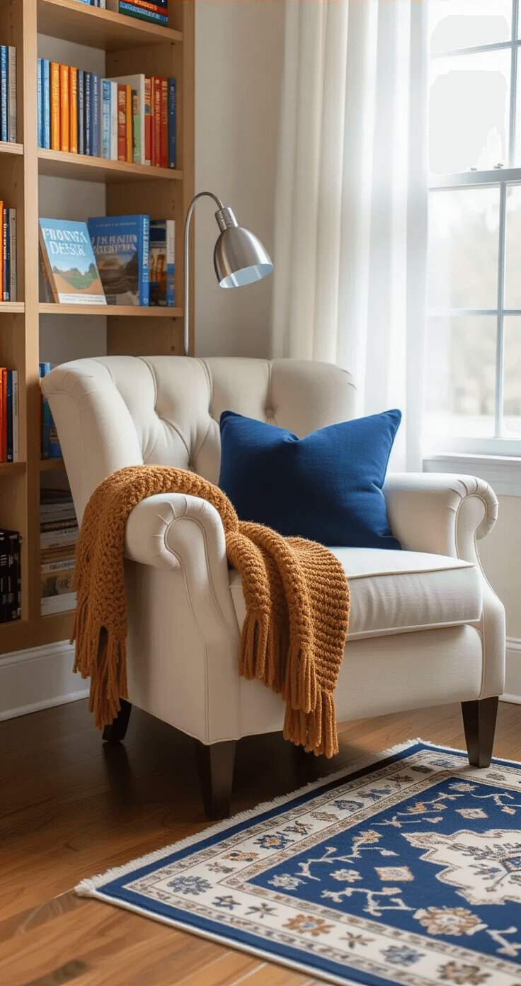 A cozy children's reading nook featuring a cream-colored armchair with a sapphire blue reading pillow and caramel throw, next to a tall window with sheer white curtains. A natural oak bookcase holds colorful middle-grade novels, including Front Desk. A silver LED reading light is attached to the chair, illuminating the space. The hardwood floor has a Persian-style area rug, and the soft dove gray walls provide a serene backdrop. The image is captured at child's eye level, emphasizing comfort and accessibility.