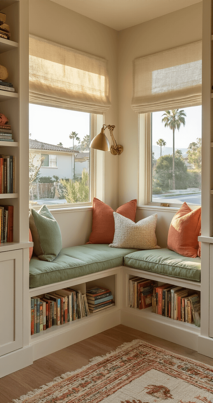 A cozy child's reading corner bathed in golden hour light, showcasing a built-in window seat with sage green cushions and earth-toned throw pillows, overlooking a sunny suburban street scene with palm trees. A floating white shelf displays diverse middle-grade novels, complemented by a vintage brass reading lamp. Sheer linen shades filter the light in a softly painted peachy-pink room with white wainscoting.