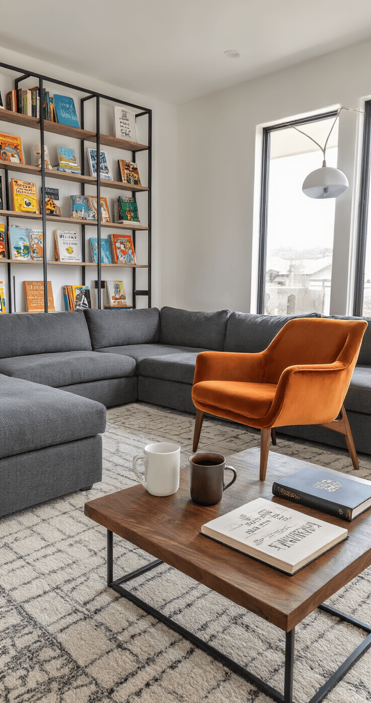 A wide-angle shot of a modern family living room featuring a charcoal gray sectional sofa, a vintage burnt orange velvet accent chair in a reading corner, and a walnut side table with a lamp and mug of cocoa. A coffee table holds an open journal and a book, while a black metal and reclaimed wood bookshelf filled with children's literature lines one wall. The room has polished concrete floors, a geometric area rug, floor-to-ceiling windows with an overcast sky, exposed ceiling beams, and a modern concrete fireplace. Professional lighting enhances the room's warmth and depth.