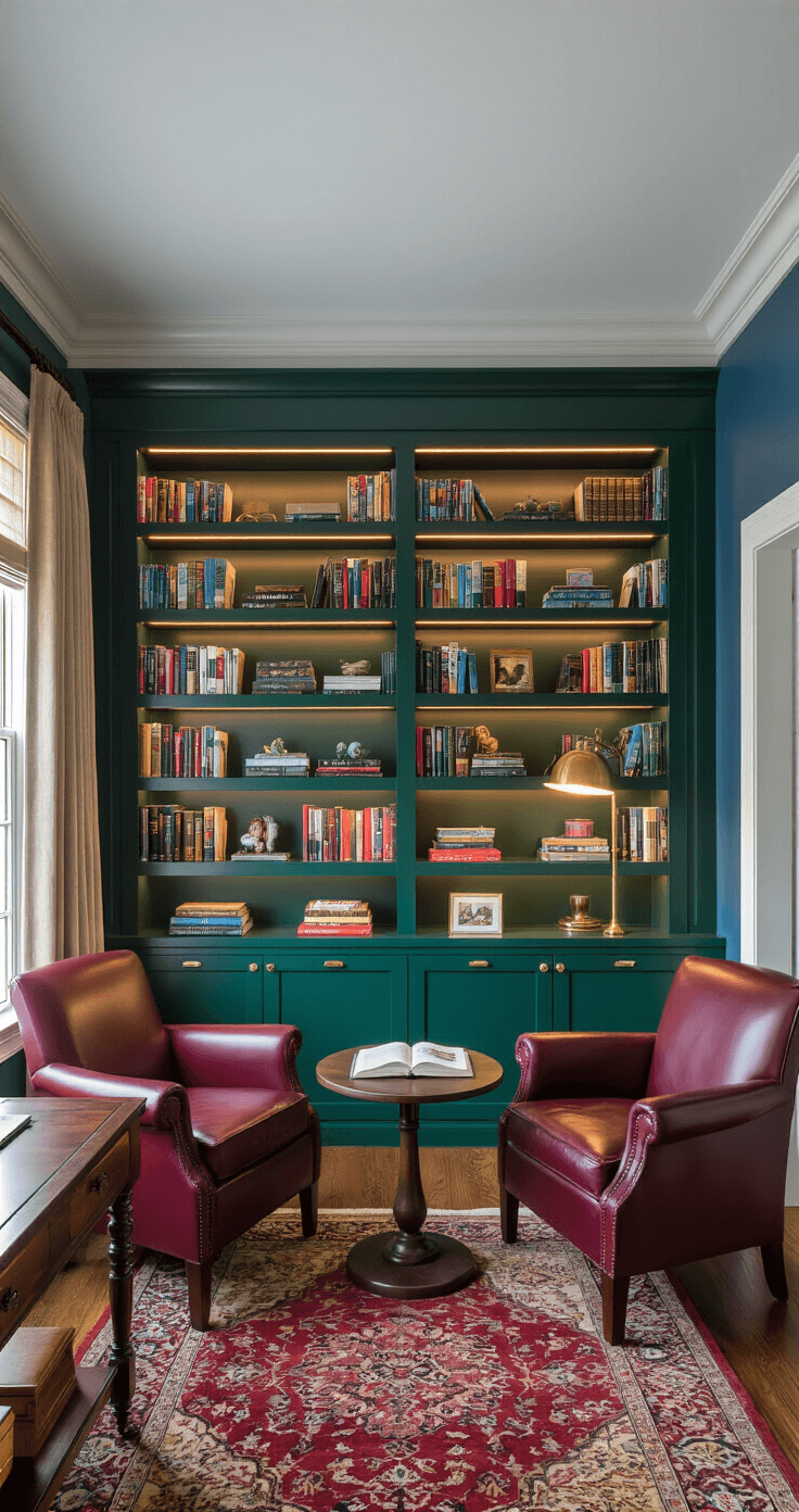 A multicultural family's cozy reading room at blue hour, featuring deep forest green built-in shelves with diverse books, burgundy leather chairs over a walnut table, a Persian rug on oak floors, and warm lighting from a vintage lamp, complemented by cream curtains and family photos.