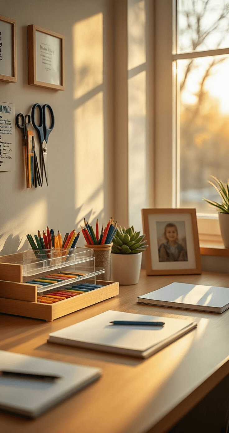 Wide-angle shot of a modern teacher's organized desk area during golden hour, showcasing a medium oak desk with clear acrylic organizers for stationery, a bamboo paper tray system, a potted succulent, and a family photo, all enhanced by warm sunlight and a professional ambiance.
