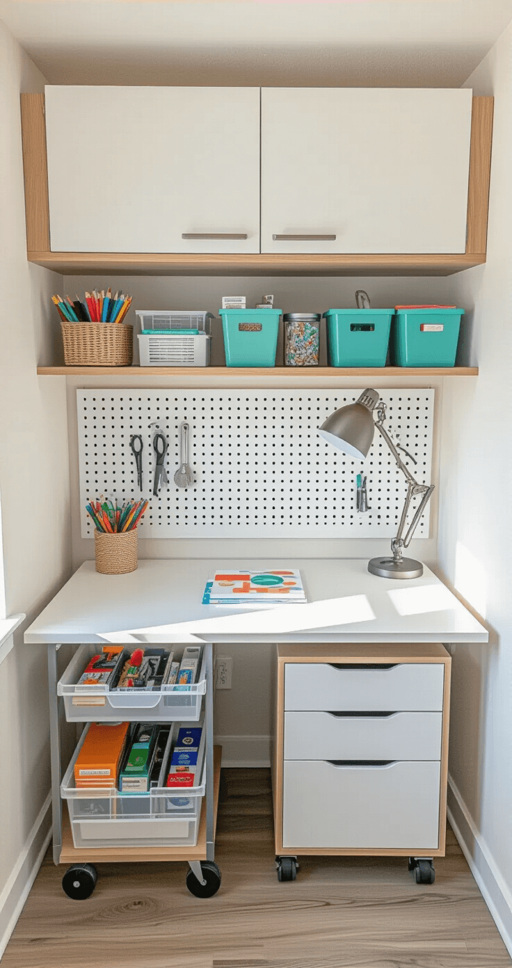 Overhead view of a compact teacher desk setup in a small classroom, featuring a white laminate surface, vertical storage solutions with floating shelves and pegboard, a rolling storage cart with teaching supplies, clear drawer dividers, mounted magnetic strips for tools, and a small LED desk lamp, all in a color palette of whites, natural wood tones, and teal accents.