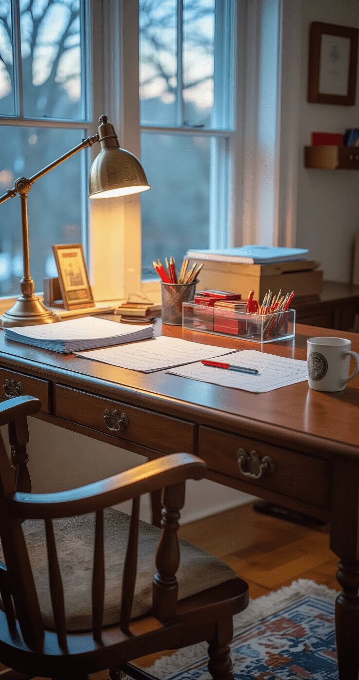 Interior scene of a traditional wooden teacher desk during a late afternoon grading session, featuring a cherry wood surface with a grading zone of stacked papers, red pens, and rubber stamps. A warm brass desk lamp provides illumination as the natural light outside fades to dusky blue. The desk also holds file organizers, a coffee mug, and reading glasses, creating a cozy and focused atmosphere with a mix of warm and cool lighting.
