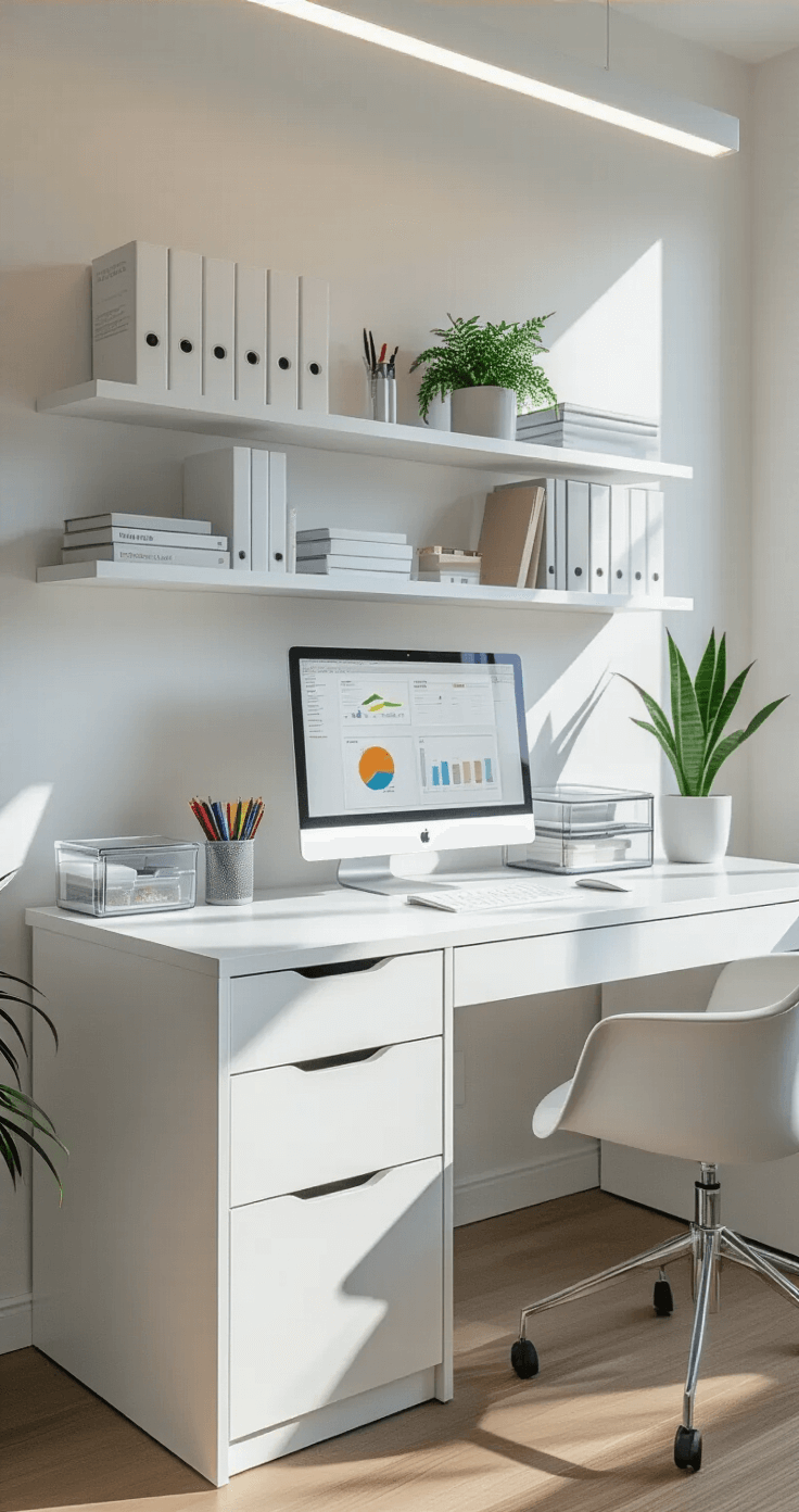 Interior shot of a minimalist teacher's desk area featuring a sleek white desk with clear storage containers, organized digital workspace, acrylic organizers for supplies, wall-mounted shelves with books, and a small air-purifying plant, all illuminated by bright overhead LED lighting.