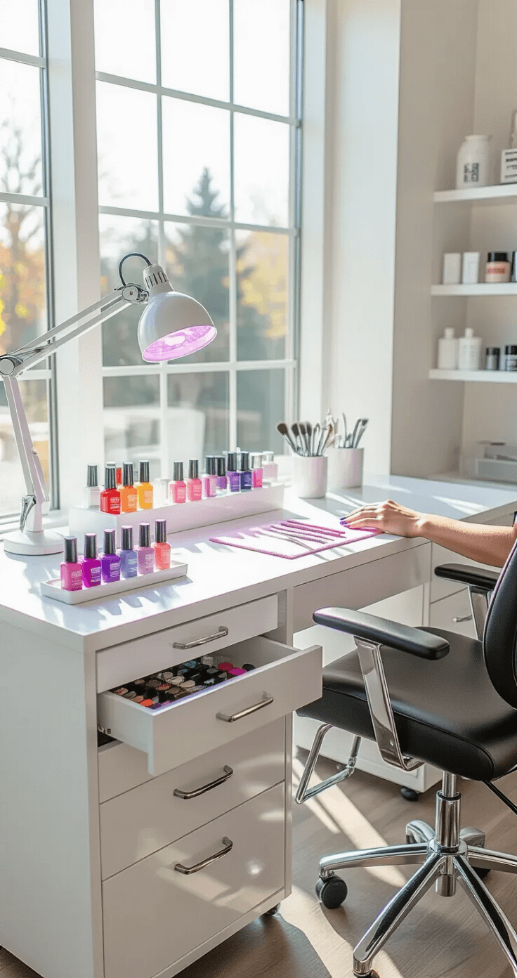 Professional manicure station featuring a white lacquered nail desk with organized drawers of color-coordinated polish, ergonomic salon chair, UV LED lamp, and precision tools, all illuminated by natural morning light.