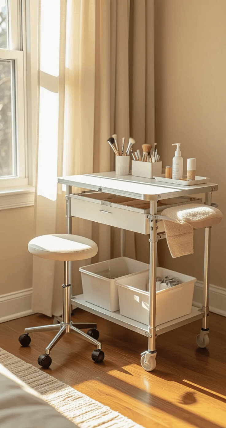 Compact apartment corner featuring a mobile nail station with a portable folding manicure table, illuminated by warm afternoon sunlight, highlighting its space-efficient design and organized professional tools against a cozy residential backdrop.
