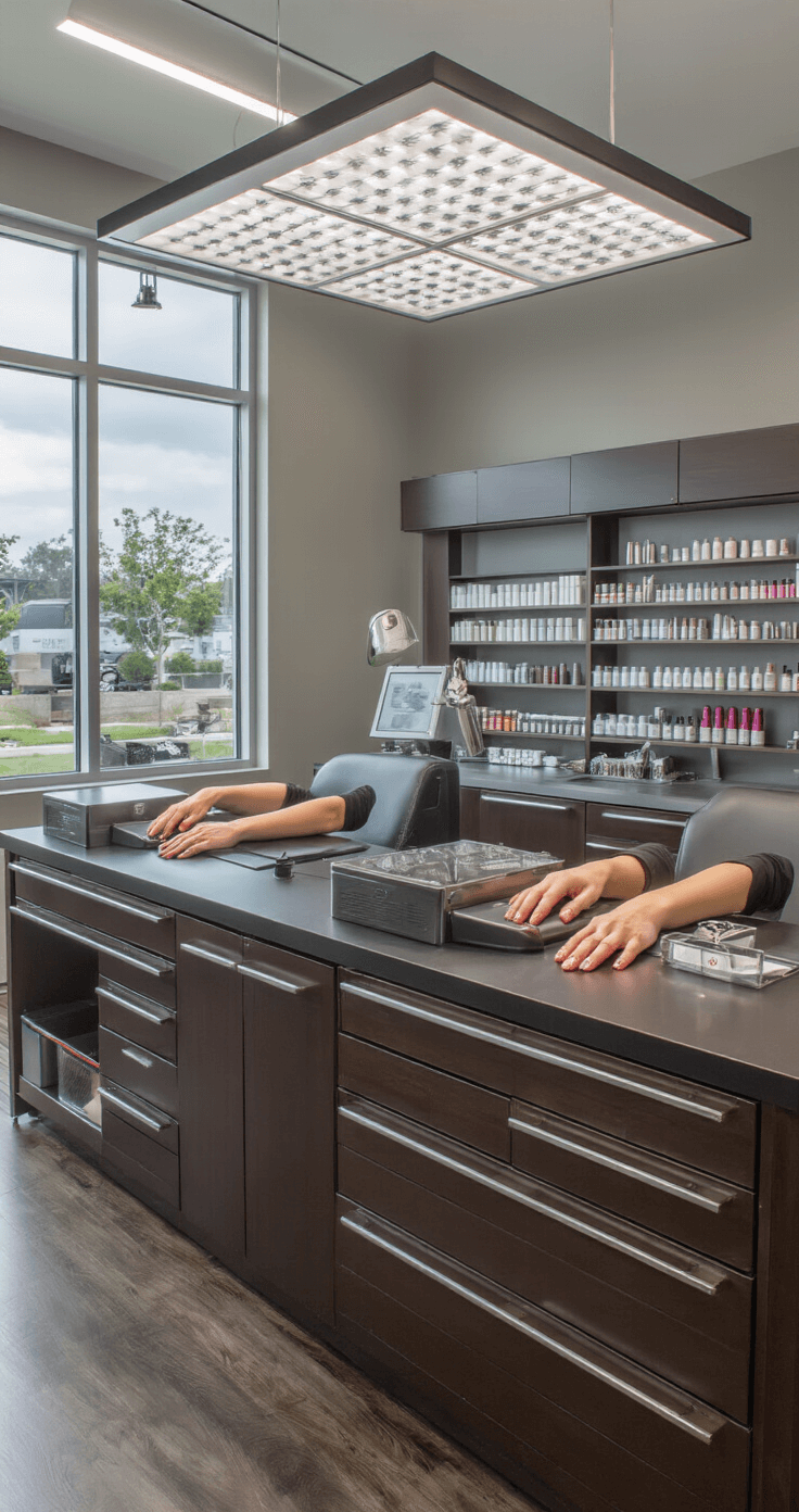 High-end salon workspace featuring a ventilated manicure station with a professional 48-inch espresso table, illuminated by industrial-grade LED lighting, showcasing organized stainless steel tool holders and multiple UV lamps. Clients' hands are positioned over ventilation ports as fine dust is drawn downward, emphasizing a clean, health-conscious environment with deep storage for gel polishes.