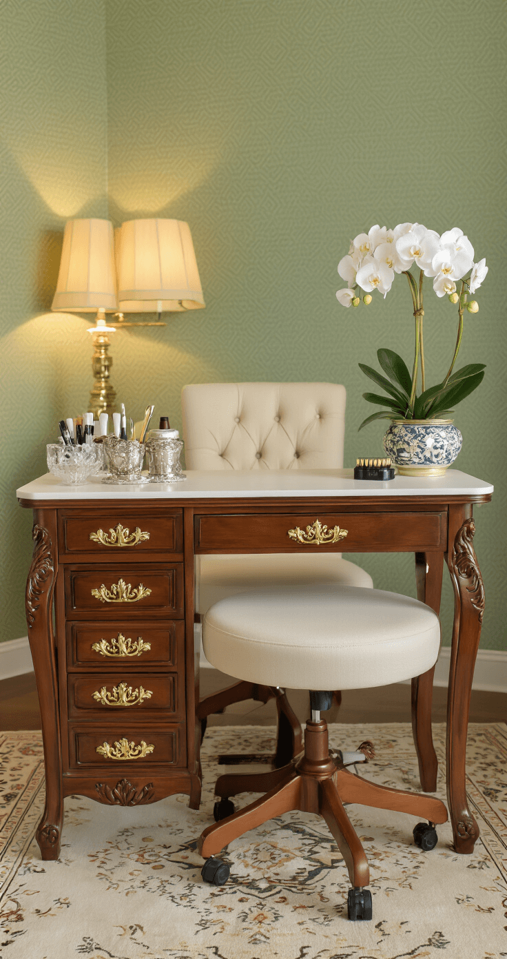 Elegant home nail studio featuring a solid wood manicure table with hand-carved details, cream upholstered chair, vintage accessories, and warm lighting, set against a soft sage green wallpaper backdrop and intricate patterned rug.