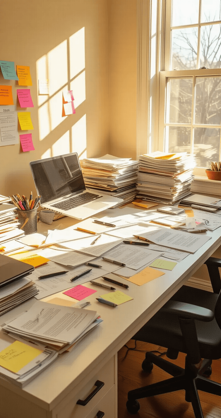 A bright home office scene during golden hour, featuring a cluttered desk with scattered papers, half-dried pens, sticky notes, tangled USB cables, and receipts, against a cream-colored wall and hardwood floors, with a slightly pushed-back black office chair, conveying a sense of disorganization and productivity struggle.