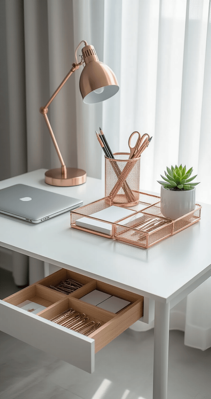 A serene workspace transformation featuring a white desk with rose gold organizational elements, illuminated by soft morning light, showcasing a laptop, pen holder, succulent, and bamboo organizers against light gray walls and polished concrete floors.