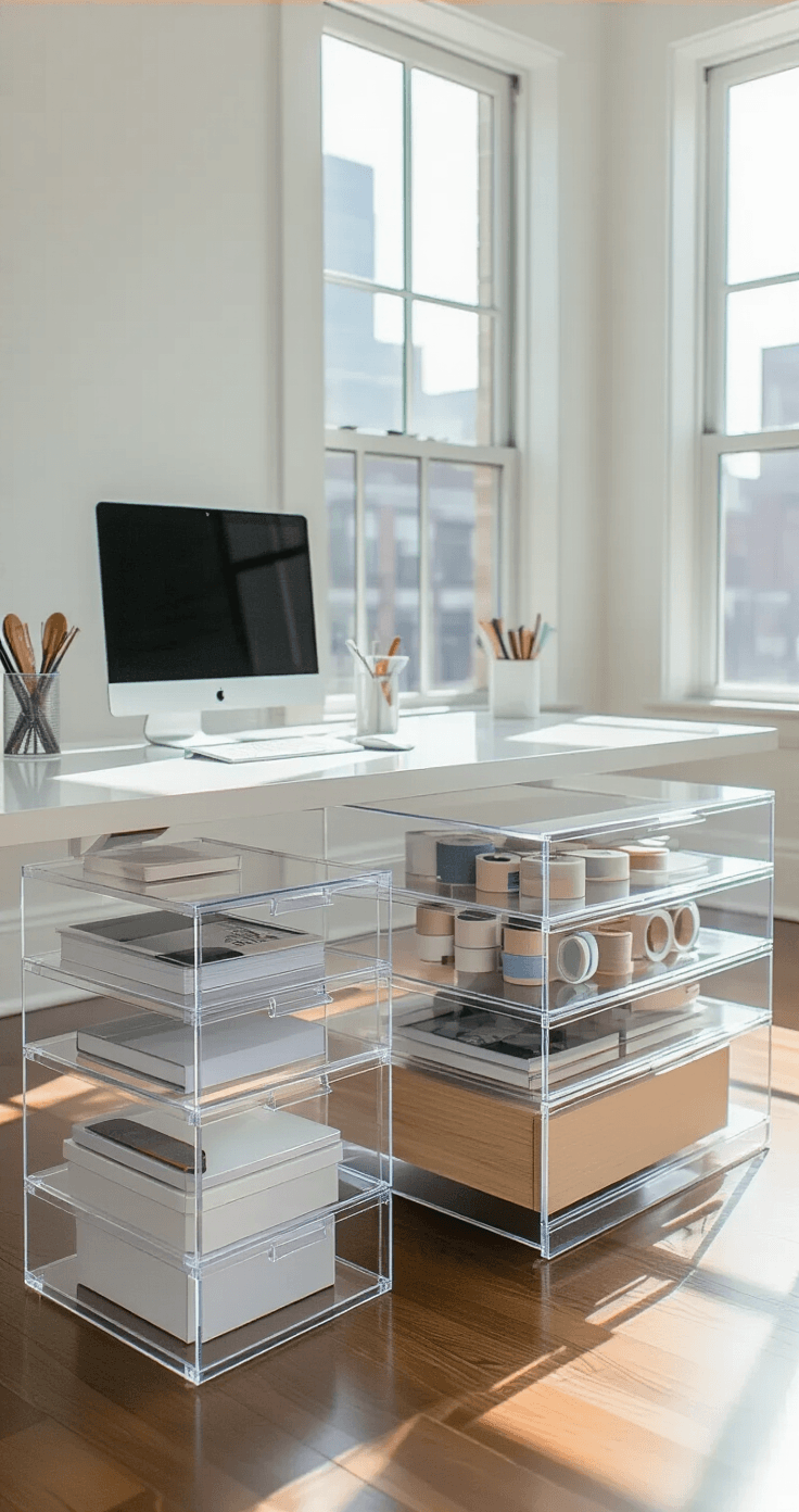 A minimalist office space featuring a sleek white desk, clear acrylic organizational systems, and a vertical storage tower filled with washi tape and tech accessories, all illuminated by bright natural light from floor-to-ceiling windows.