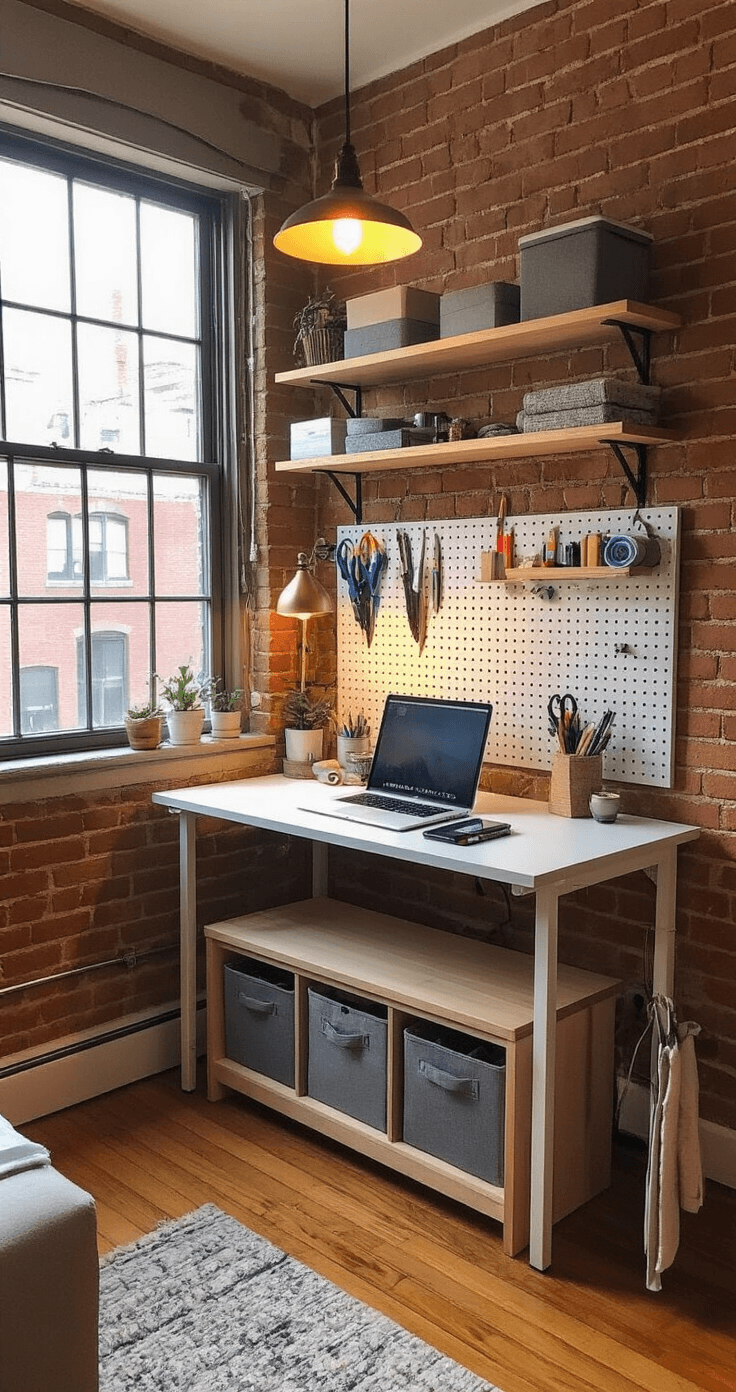 A compact desk setup in a cramped studio apartment, featuring wall-mounted shelves, a pegboard for tools, and a laptop on a monitor riser, all illuminated by warm evening light and highlighting smart space utilization with vintage industrial charm.