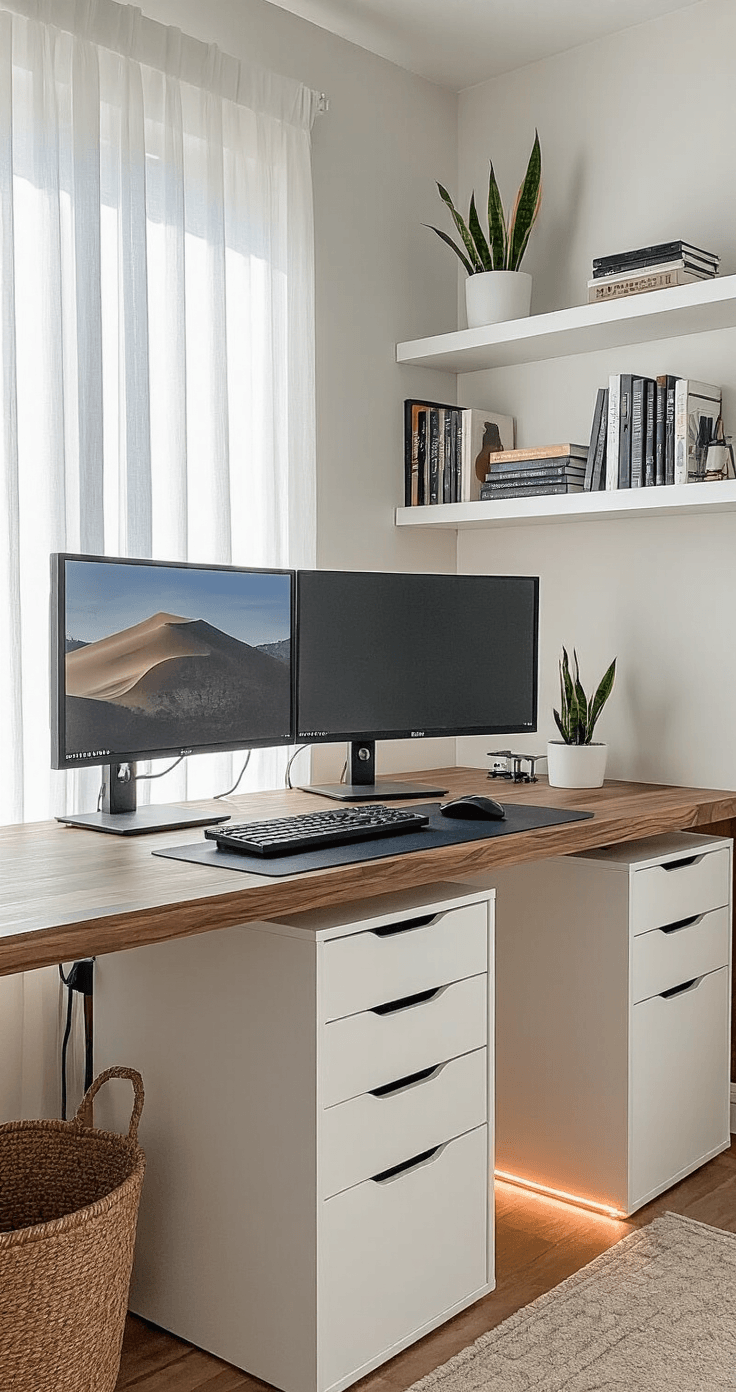 Bright and airy home office featuring a walnut countertop over white ALEX drawers, dual monitors on a black arm, minimalist accessories, white floating shelves, and under-desk LED lighting, all set against Classic Gray walls and a geometric rug.