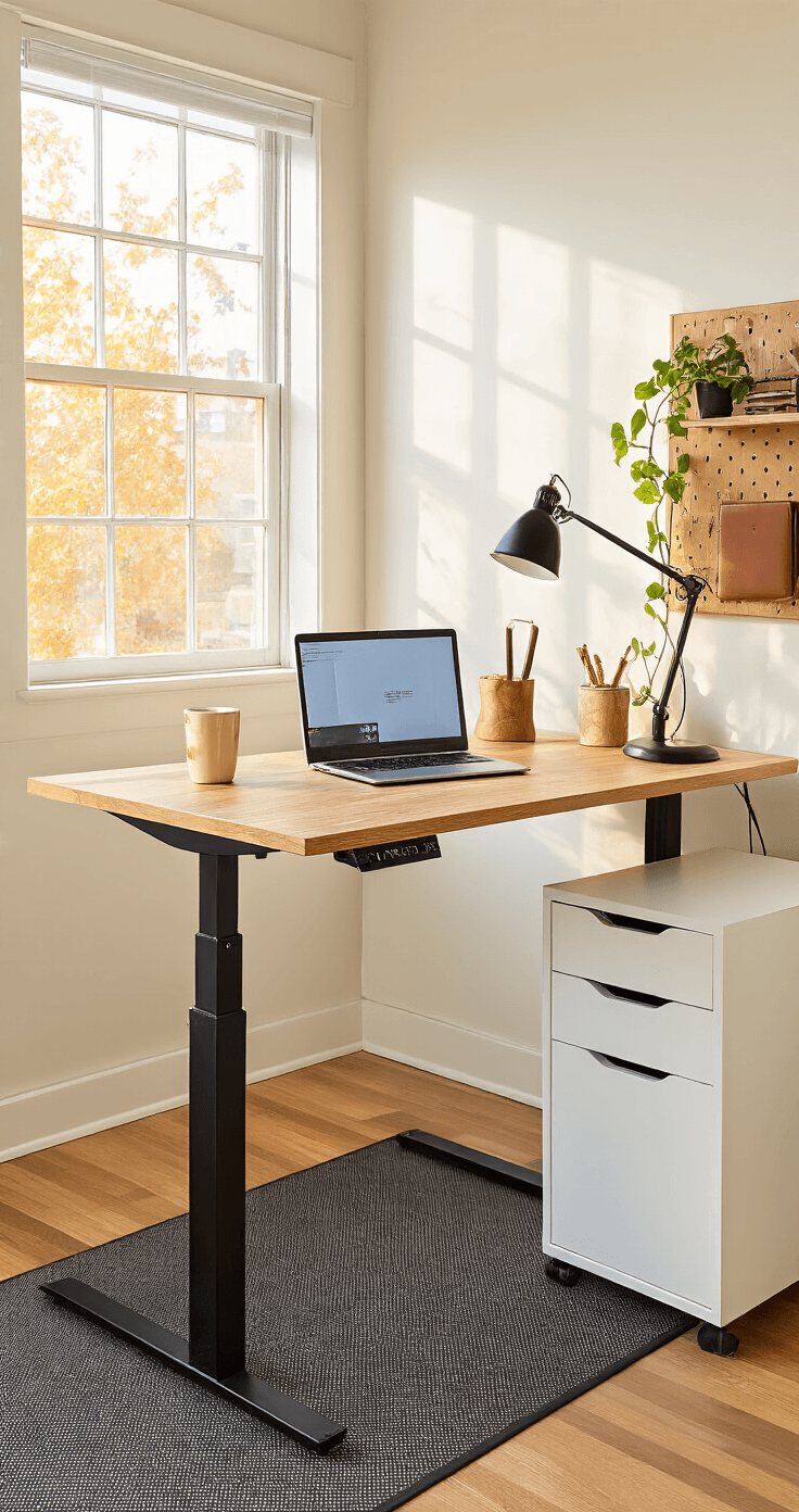Standing height motorized desk in a converted bedroom corner, featuring a KARLBY oak countertop, black adjustable legs, and a single white ALEX unit, illuminated by warm golden hour light through west-facing windows, with a sleek anti-fatigue mat and industrial desk lamp, alongside a pegboard wall organizer adorned with brass accessories and trailing pothos vines.