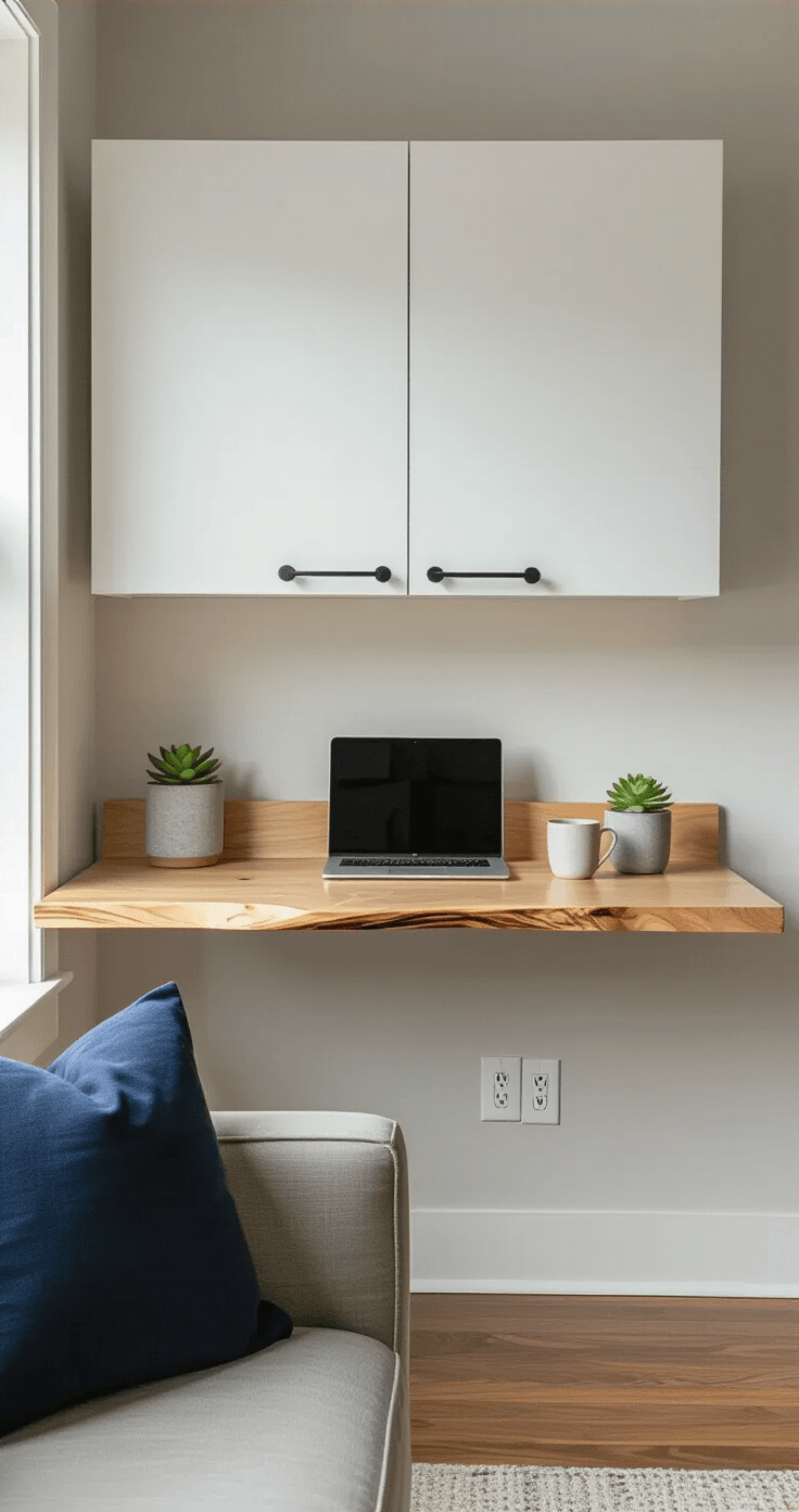 Compact floating desk installation in a studio apartment, featuring live-edge maple desktop supported by white BESTA wall cabinets, illuminated by morning light; minimal decor with hidden cable management.