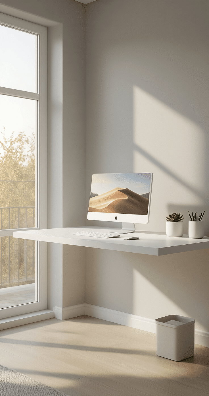A photorealistic minimalist workspace with a white floating desk, grey accent wall, and natural light from floor-to-ceiling windows, featuring a sleek computer display on a white monitor stand, a small desk organizer, and a single succulent in a white pot, creating a serene, uncluttered atmosphere.