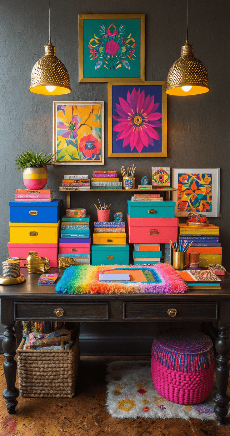 A vibrant and chaotic workspace featuring a dark wooden desk overflowing with colorful accessories like storage boxes, a fuzzy rainbow desk pad, and metallic pen holders, set in a warm-lit creative studio filled with rich jewel tones and dynamic textures.